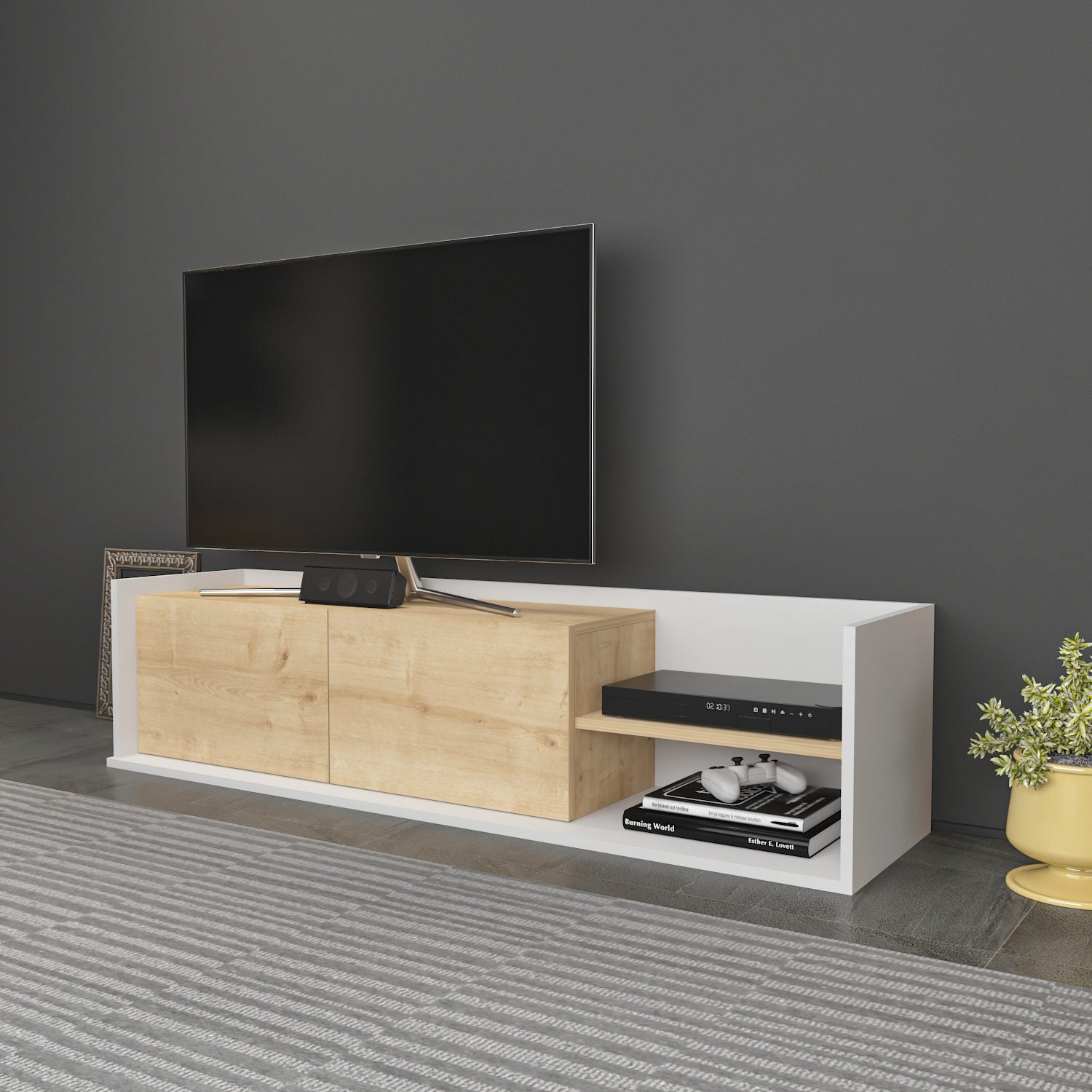 Móvel de TV escandinavo, branco e carvalho, 160 x 35 x 36,8 cm | Painel de partículas 100% revestido de melamina, 18 mm de espessura | Elegante e funcional para salas de estar modernas