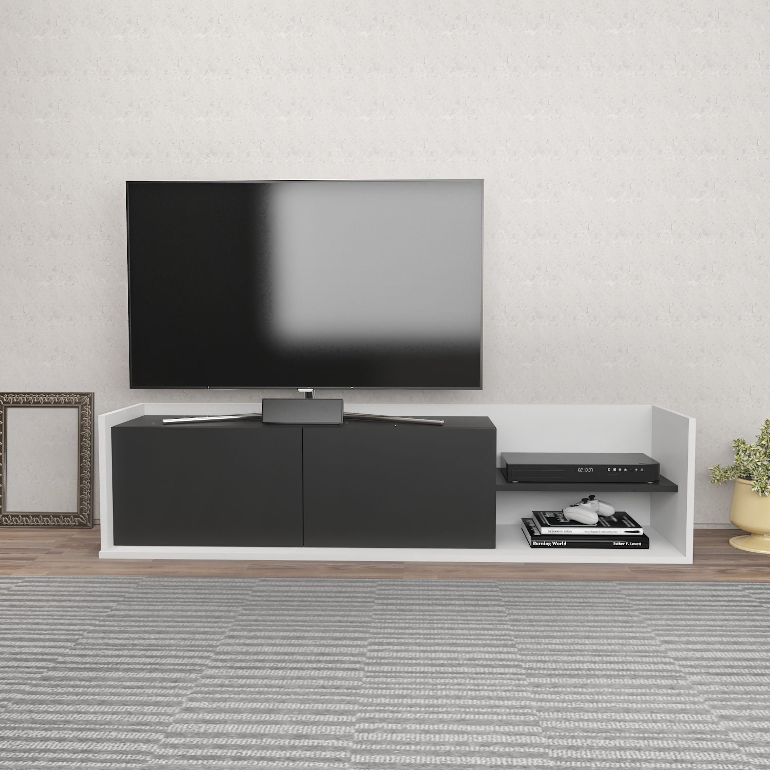 Suporte de TV elegante, 160 cm, branco e antracite | Painel de partículas 100% revestido de melamina, 18 mm de espessura | Design moderno para salas de estar e espaços de entretenimento