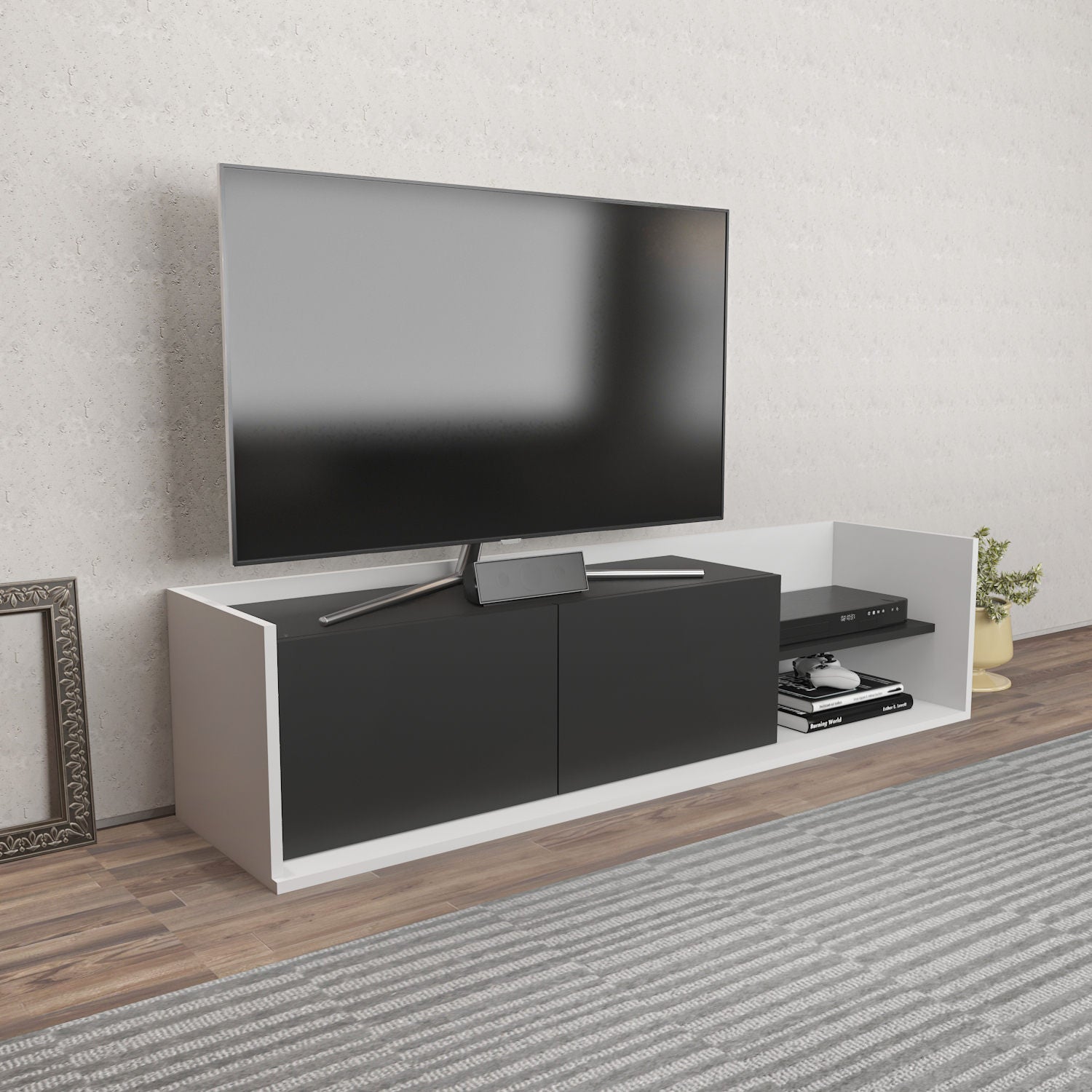 Suporte de TV elegante, 160 cm, branco e antracite | Painel de partículas 100% revestido de melamina, 18 mm de espessura | Design moderno para salas de estar e espaços de entretenimento