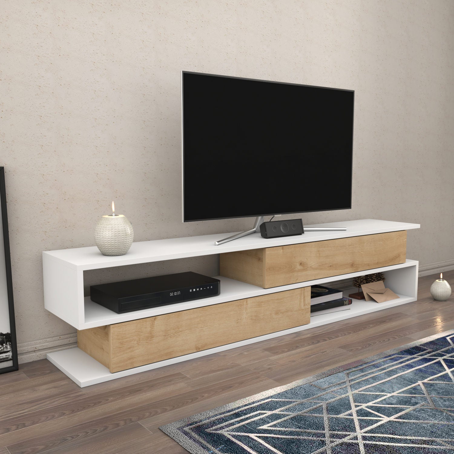 Móvel de TV escandinavo, branco e carvalho, 160 x 35,3 x 38,6 cm | Painel de partículas 100% revestido de melamina, 18 mm de espessura | Elegante e funcional para salas de estar modernas