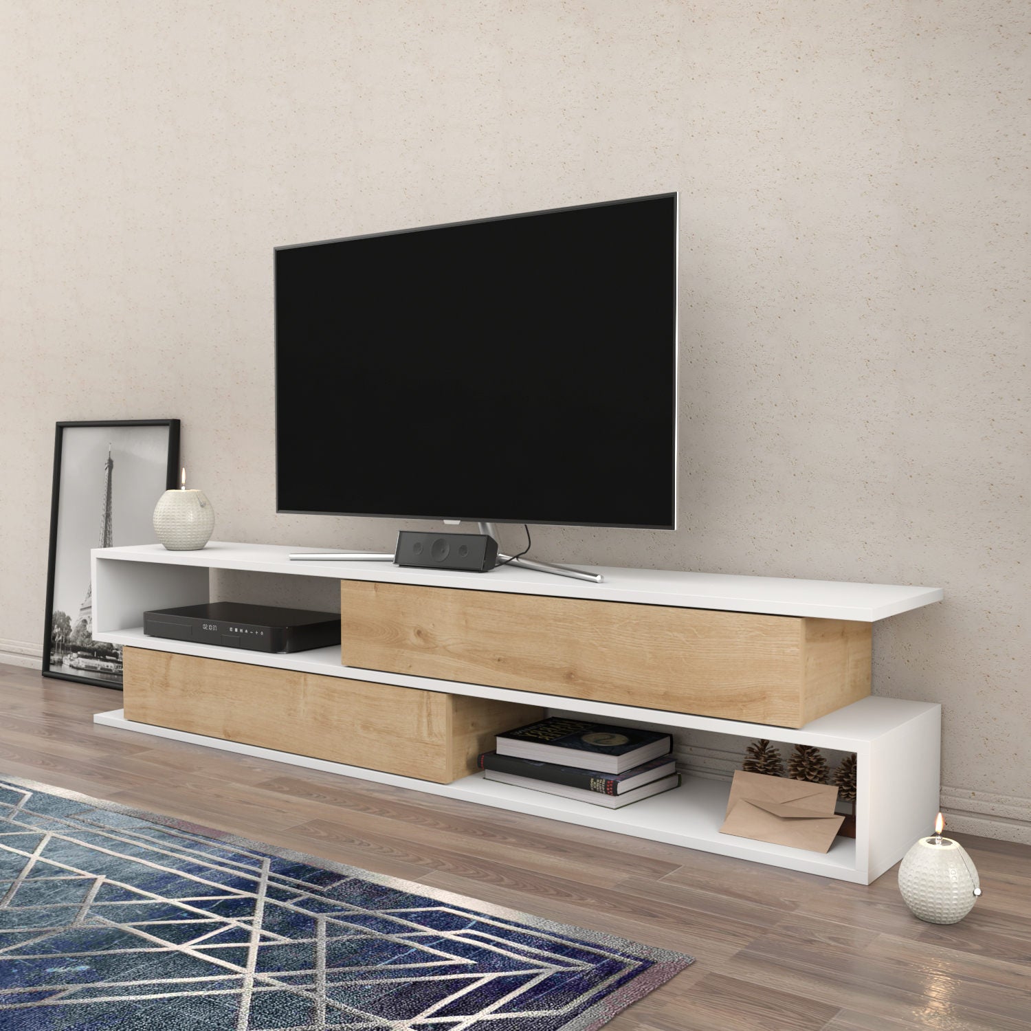 Móvel de TV escandinavo, branco e carvalho, 160 x 35,3 x 38,6 cm | Painel de partículas 100% revestido de melamina, 18 mm de espessura | Elegante e funcional para salas de estar modernas