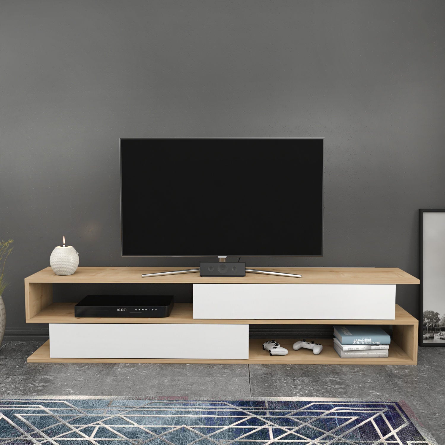 Móvel de TV escandinavo, carvalho e branco, 160 cm x 35,3 cm x 38,6 cm | Painel de partículas 100% revestido de melamina, 18 mm de espessura | Design elegante e funcional para salas de estar modernas