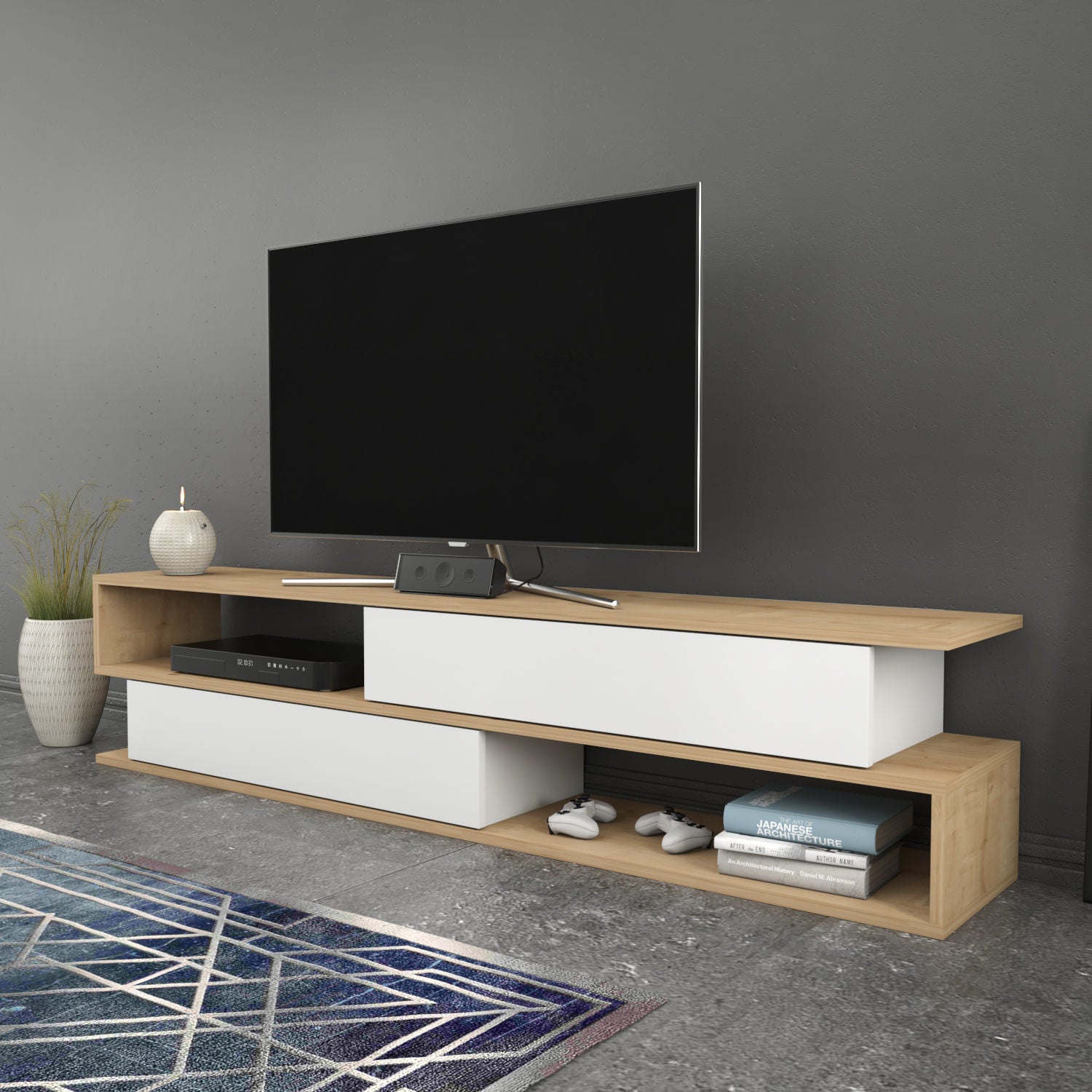 Móvel de TV escandinavo, carvalho e branco, 160 cm x 35,3 cm x 38,6 cm | Painel de partículas 100% revestido de melamina, 18 mm de espessura | Design elegante e funcional para salas de estar modernas