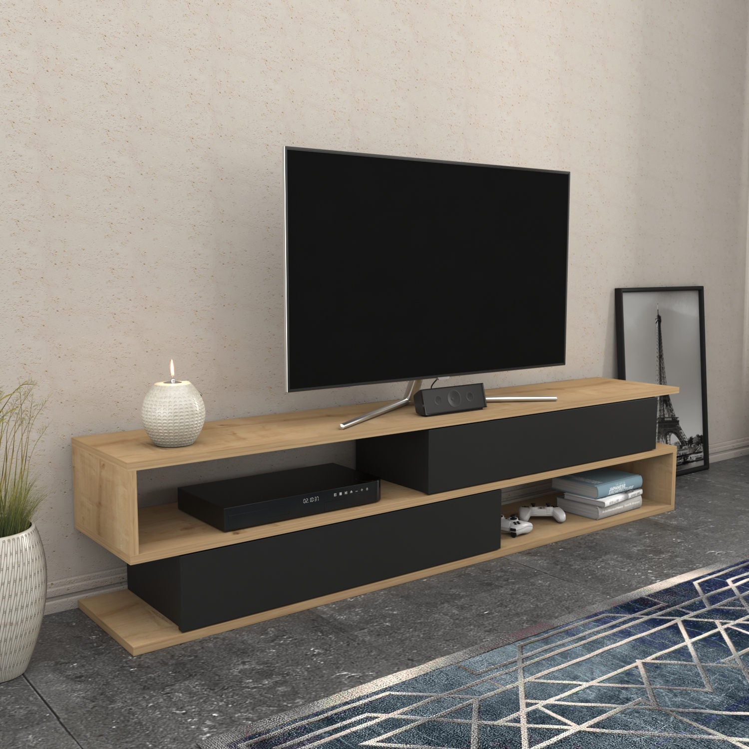 Móvel de TV elegante, carvalho e antracite, 160 x 35,3 x 38,6 cm | Painel de partículas 100% revestido de melamina, 18 mm de espessura | Design moderno para salas de estar e espaços de entretenimento