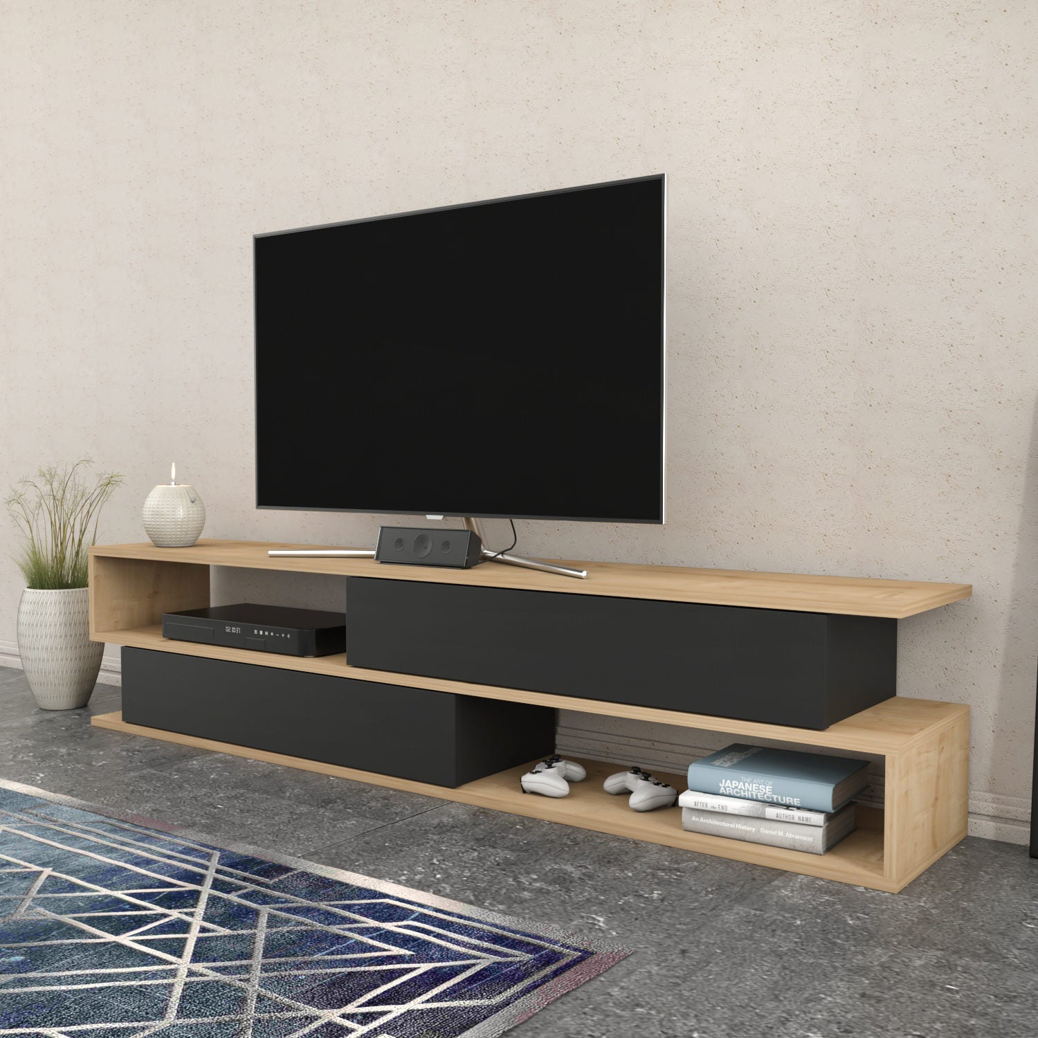 Móvel de TV elegante, carvalho e antracite, 160 x 35,3 x 38,6 cm | Painel de partículas 100% revestido de melamina, 18 mm de espessura | Design moderno para salas de estar e espaços de entretenimento