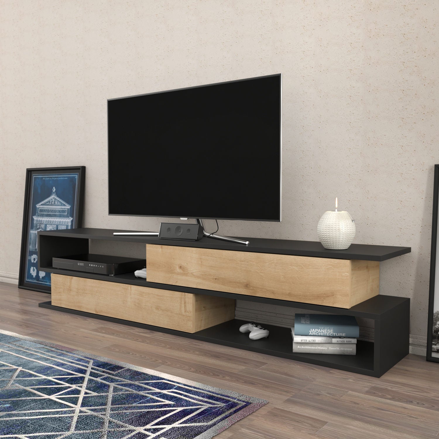 Móvel de TV elegante, antracite e carvalho, 160 x 35,3 x 38,6 cm | Painel de partículas 100% revestido de melamina, 18 mm de espessura | Design moderno para salas de estar e espaços de entretenimento