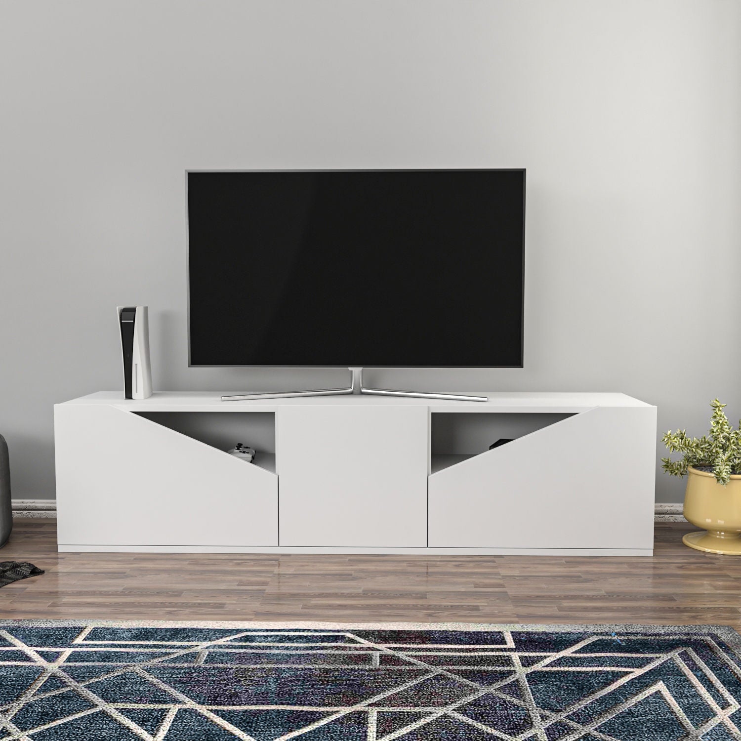 Móvel de TV escandinavo, branco, 160 x 35,3 x 40 cm | Painel de partículas 100% revestido em melamina, 18 mm de espessura | Elegante e funcional para salas de estar modernas