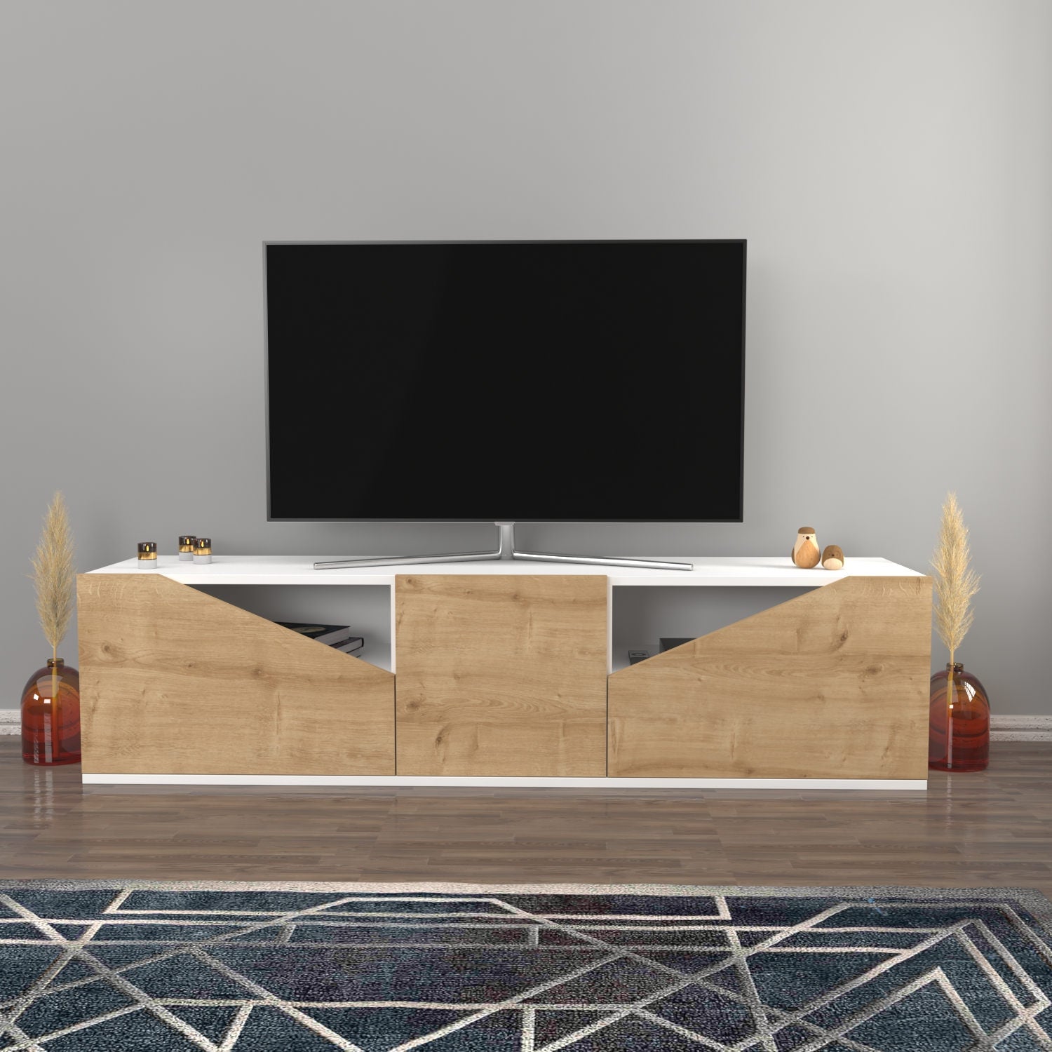 Móvel de TV escandinavo, branco e carvalho, 160 x 35,3 x 40 cm | Painel de partículas 100% revestido de melamina, 18 mm de espessura | Elegante e funcional para salas de estar modernas