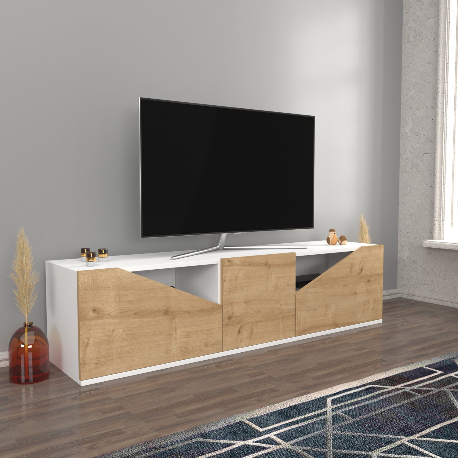 Móvel de TV escandinavo, branco e carvalho, 160 x 35,3 x 40 cm | Painel de partículas 100% revestido de melamina, 18 mm de espessura | Elegante e funcional para salas de estar modernas