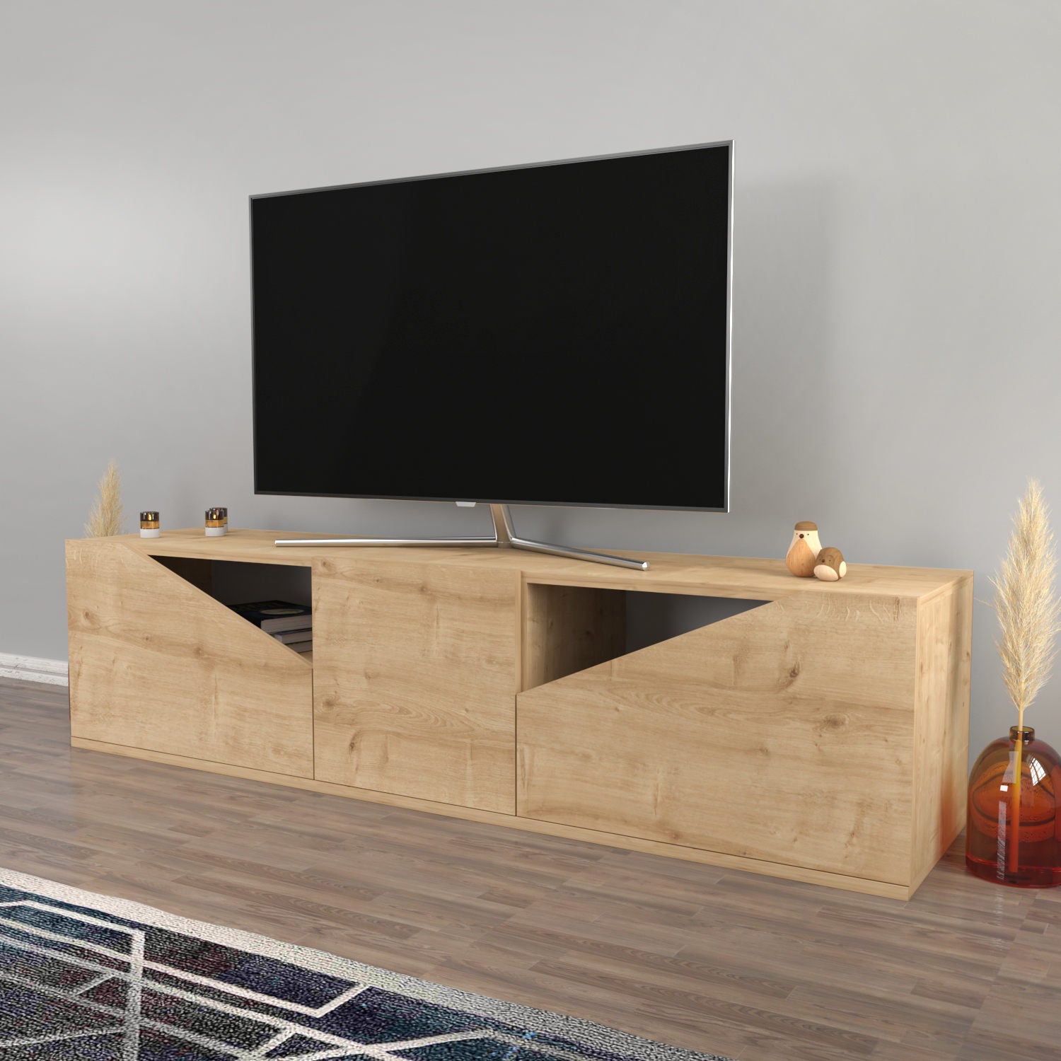 Móvel de TV elegante em carvalho, 160 cm x 35,3 cm x 40 cm | Painel de partículas 100% revestido em melamina, 18 mm de espessura | Perfeito para decoração de cabanas/lodges, durável e elegante