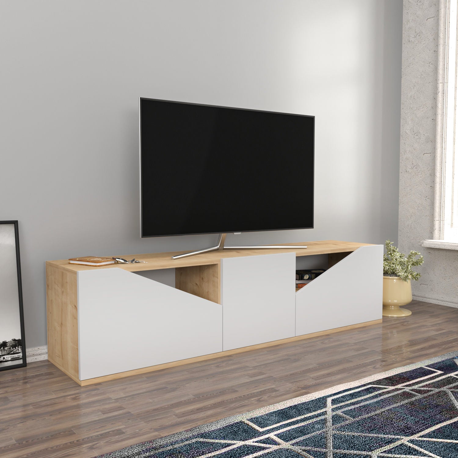 Móvel de TV escandinavo, carvalho e branco, 160 x 35,3 x 40 cm | Painel de partículas 100% revestido de melamina, 18 mm de espessura | Elegante e funcional para salas de estar modernas
