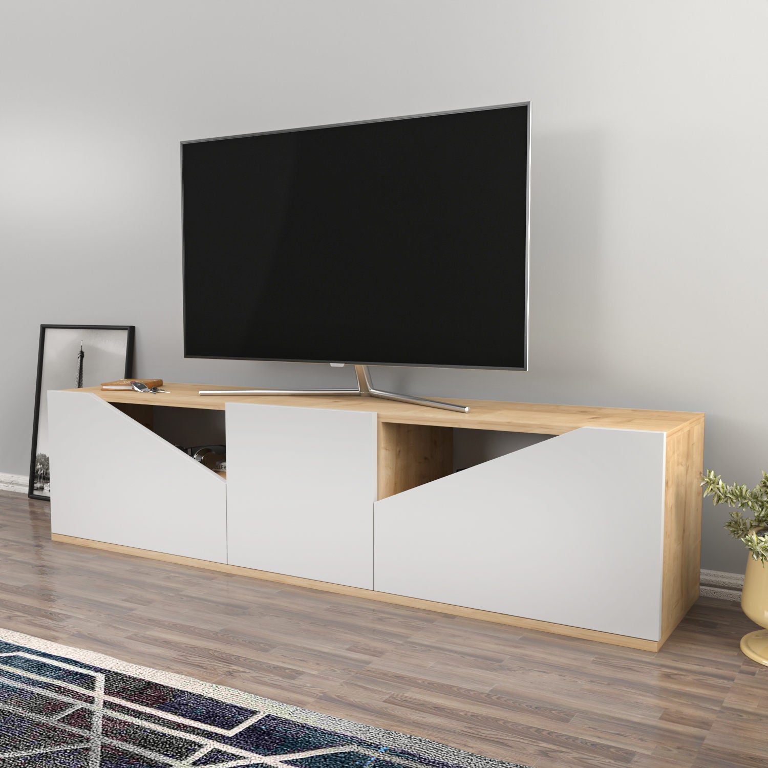 Móvel de TV escandinavo, carvalho e branco, 160 x 35,3 x 40 cm | Painel de partículas 100% revestido de melamina, 18 mm de espessura | Elegante e funcional para salas de estar modernas