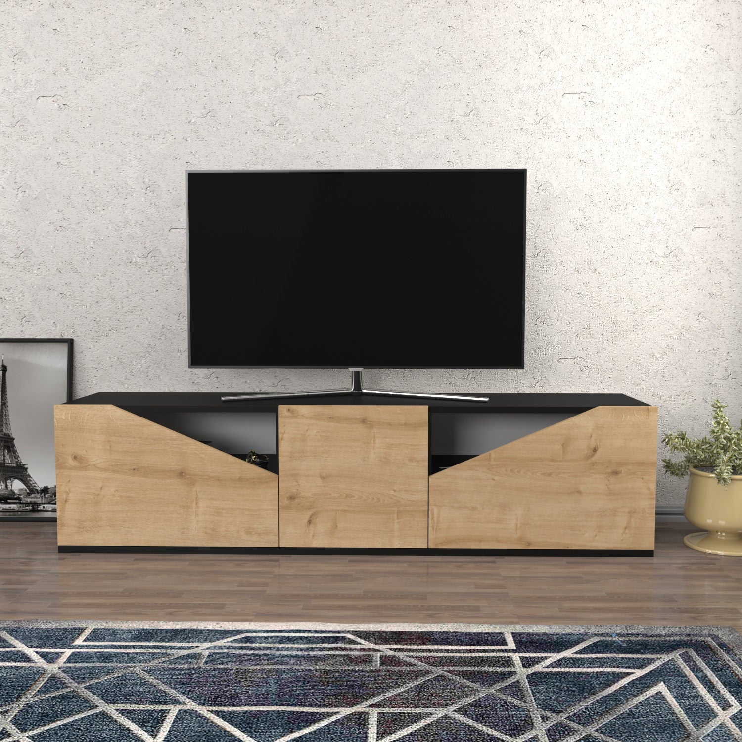 Móvel de TV escandinavo, antracite e carvalho, 160 x 35,3 x 40 cm | Painel de partículas 100% revestido de melamina, 18 mm de espessura | Design elegante e funcional para salas de estar modernas