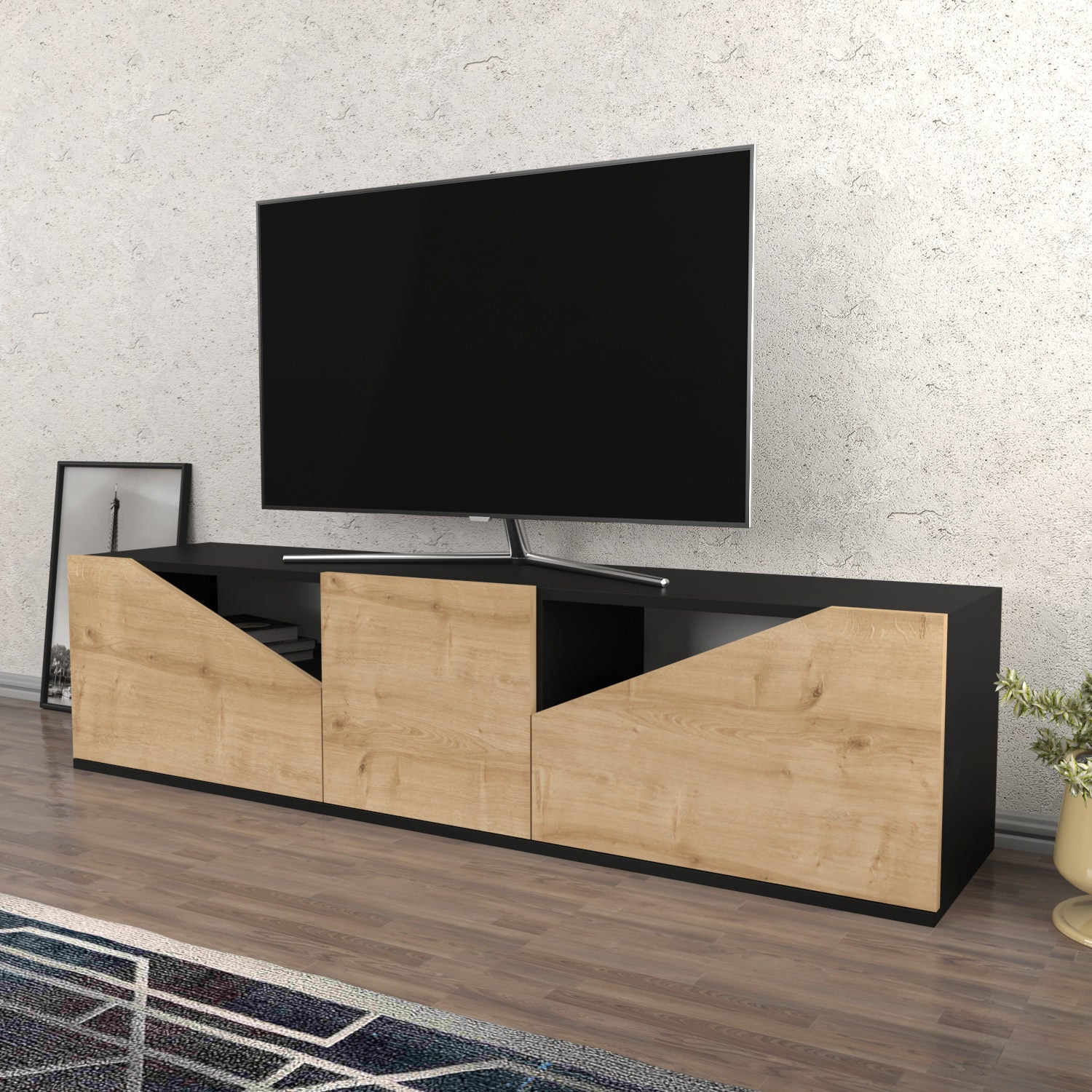 Móvel de TV escandinavo, antracite e carvalho, 160 x 35,3 x 40 cm | Painel de partículas 100% revestido de melamina, 18 mm de espessura | Design elegante e funcional para salas de estar modernas