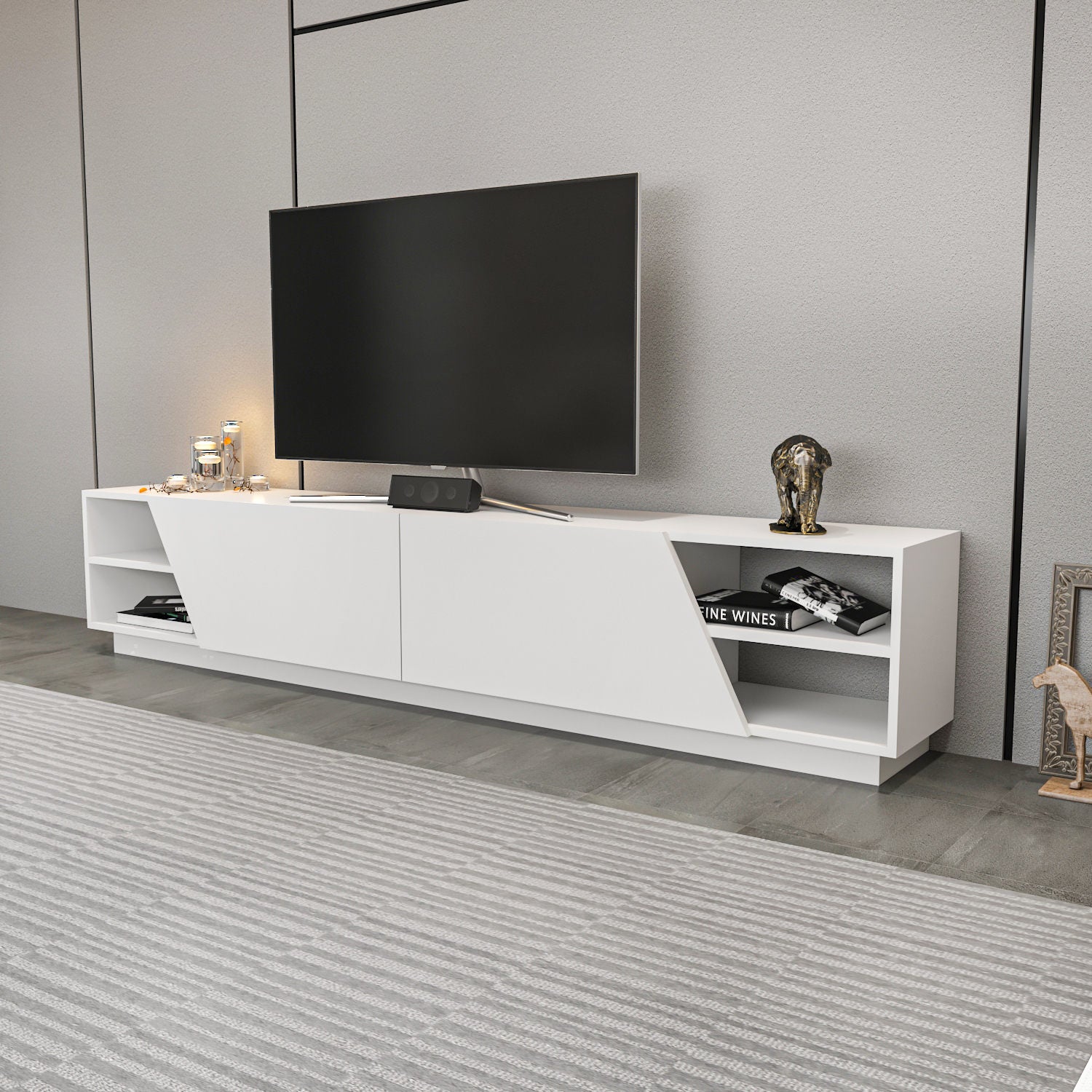 Suporte de TV escandinavo, branco, 240 x 37,1 x 47,4 cm | Painel de partículas 100% revestido de melamina, 18 mm de espessura | Elegante e funcional para salas de estar modernas