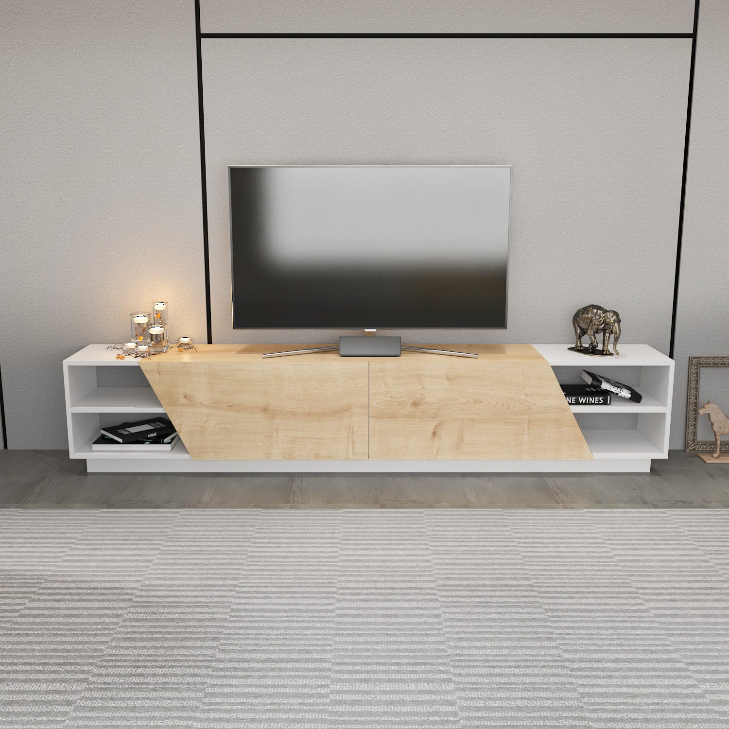 Móvel de TV escandinavo, branco e carvalho, 240 cm x 37,1 cm x 47,4 cm | Painel de partículas 100% revestido de melamina, 18 mm de espessura | Design elegante e funcional para salas de estar modernas