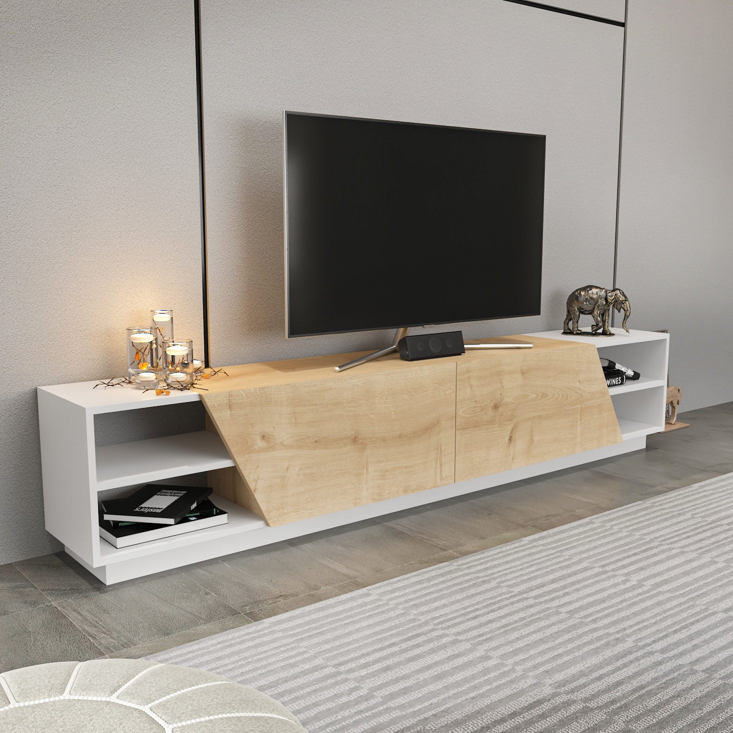Móvel de TV escandinavo, branco e carvalho, 240 cm x 37,1 cm x 47,4 cm | Painel de partículas 100% revestido de melamina, 18 mm de espessura | Design elegante e funcional para salas de estar modernas