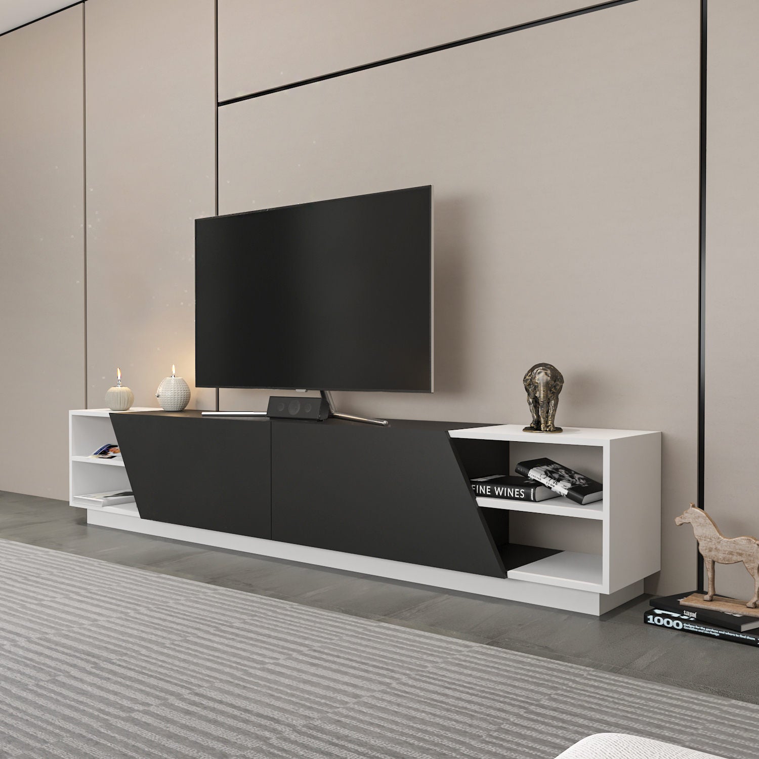 Móvel de TV escandinavo, 240 cm, branco e antracite | Painel de partículas 100% revestido de melamina, 18 mm de espessura | Elegante e funcional para salas de estar modernas