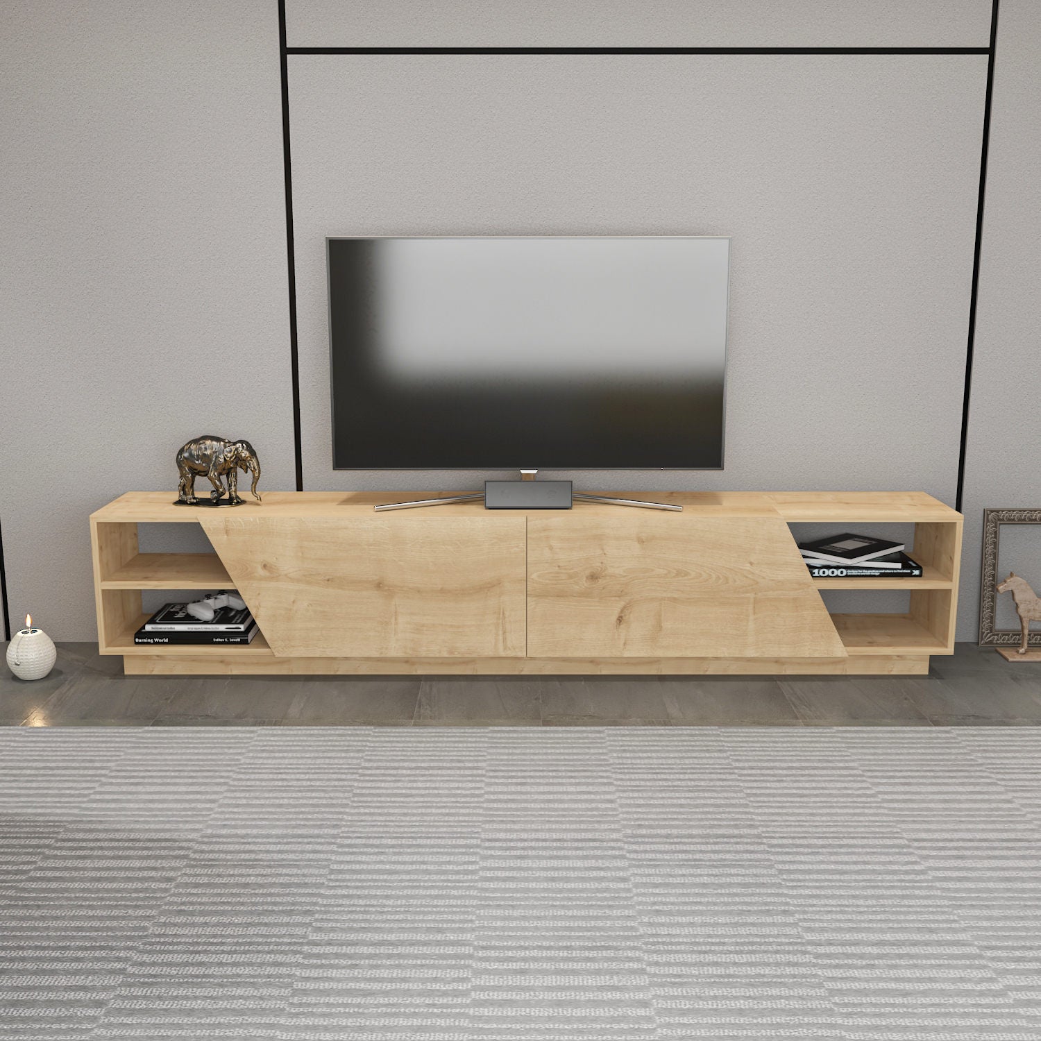 Suporte de TV elegante em carvalho, 240 cm x 37,1 cm x 47,4 cm | Painel de partículas 100% revestido em melamina, 18 mm de espessura | Perfeito para decoração de cabanas/lodges, durável e elegante