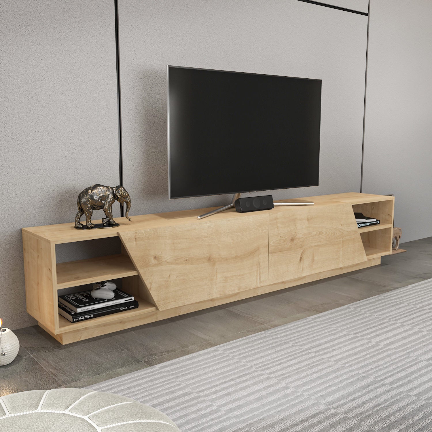 Suporte de TV elegante em carvalho, 240 cm x 37,1 cm x 47,4 cm | Painel de partículas 100% revestido em melamina, 18 mm de espessura | Perfeito para decoração de cabanas/lodges, durável e elegante