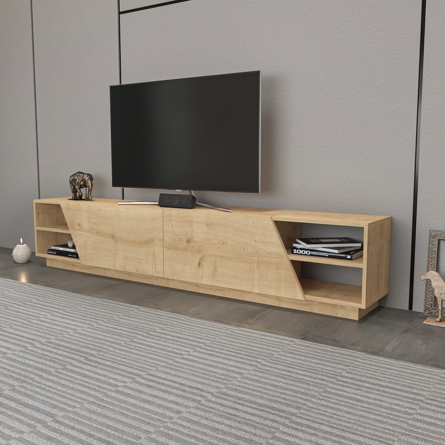 Suporte de TV elegante em carvalho, 240 cm x 37,1 cm x 47,4 cm | Painel de partículas 100% revestido em melamina, 18 mm de espessura | Perfeito para decoração de cabanas/lodges, durável e elegante