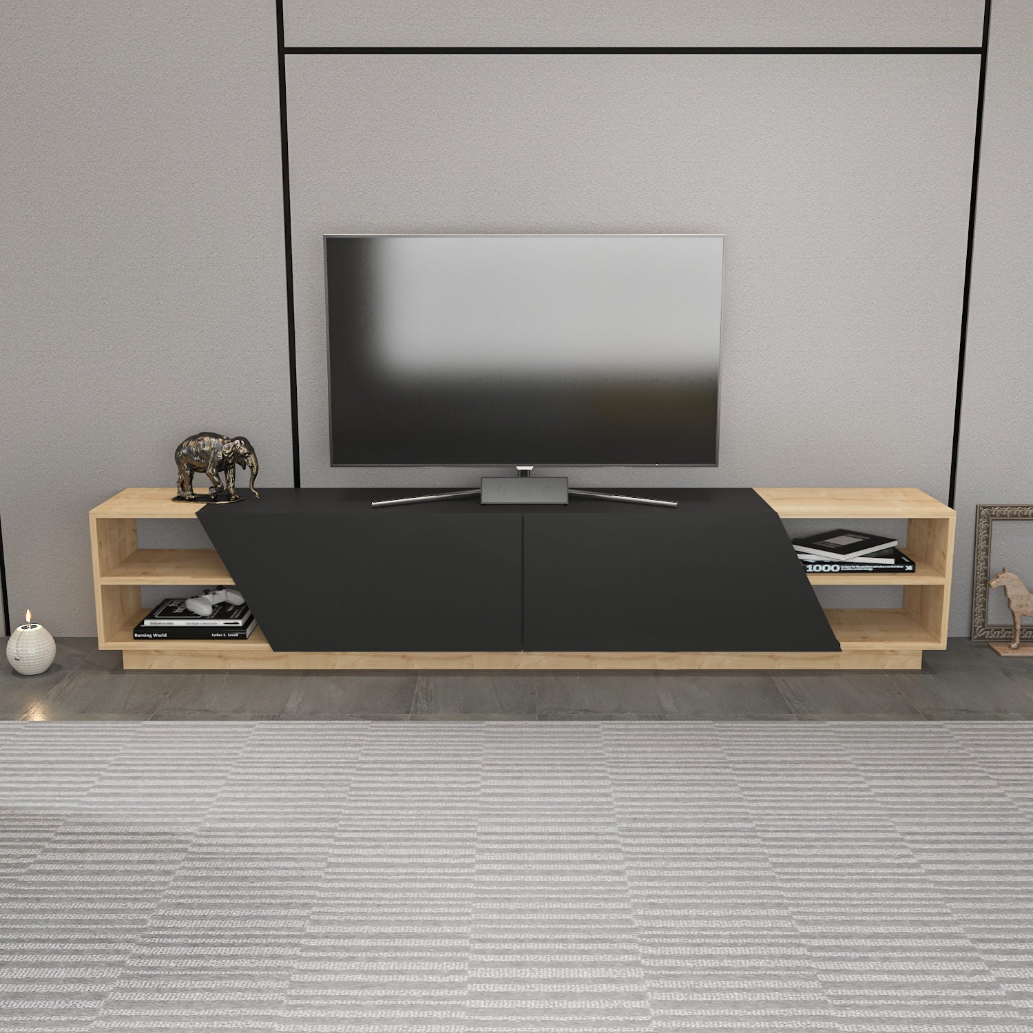 Suporte de TV escandinavo, carvalho e antracite, 240 x 37,1 x 47,4 cm | Painel de partículas 100% revestido de melamina, 18 mm de espessura | Design elegante e funcional para salas de estar modernas