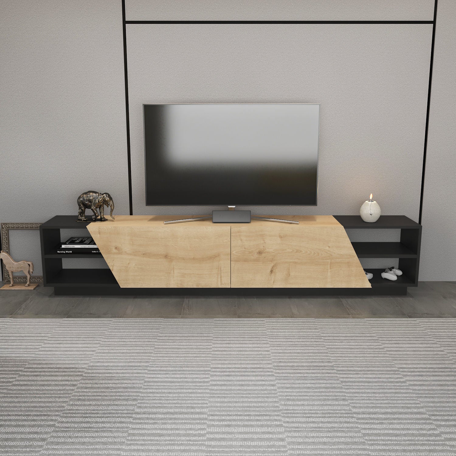 Suporte de TV escandinavo, 240 cm, antracite e carvalho | Painel de partículas 100% revestido com melamina, 18 mm de espessura | Elegante e funcional para salas de estar modernas