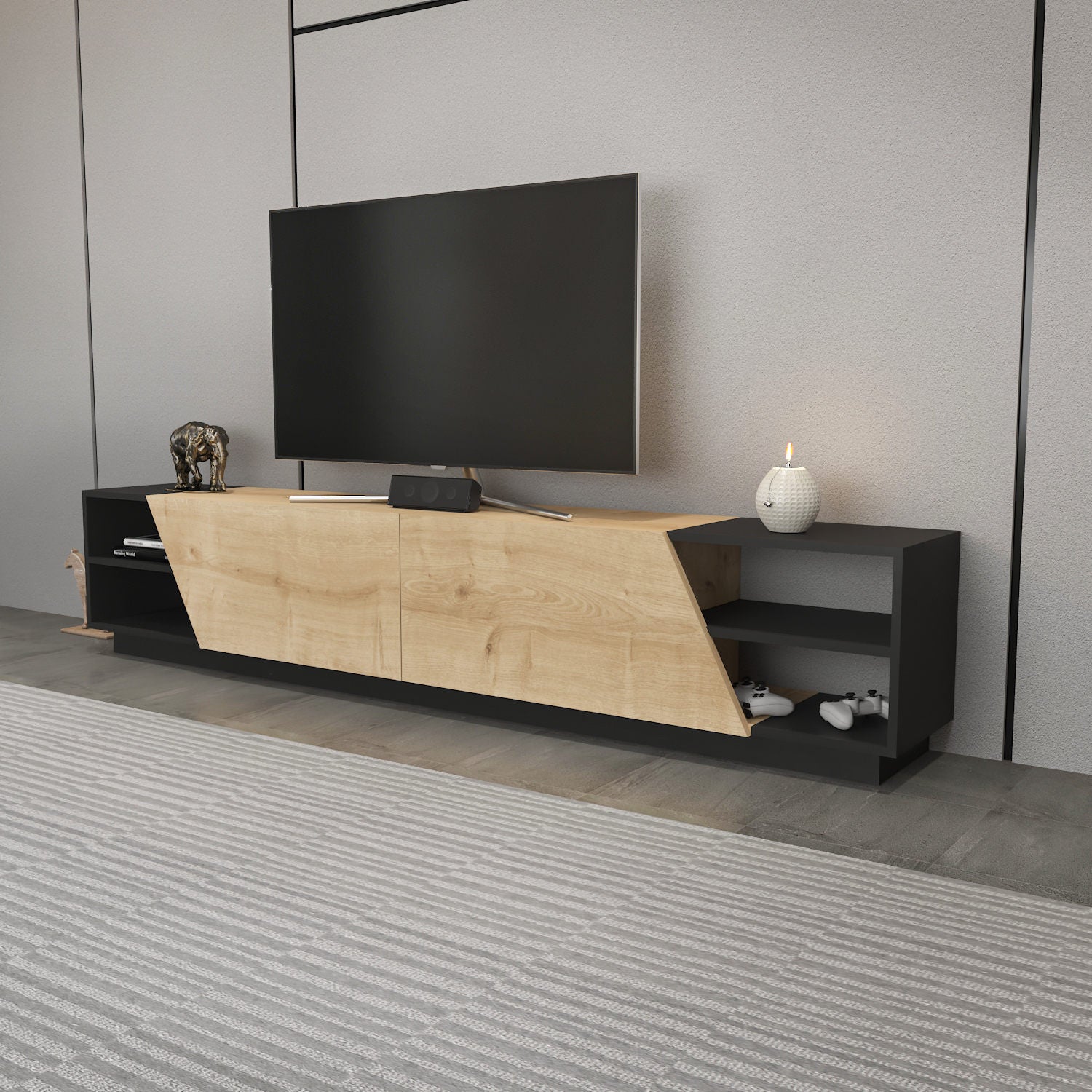 Suporte de TV escandinavo, 240 cm, antracite e carvalho | Painel de partículas 100% revestido com melamina, 18 mm de espessura | Elegante e funcional para salas de estar modernas