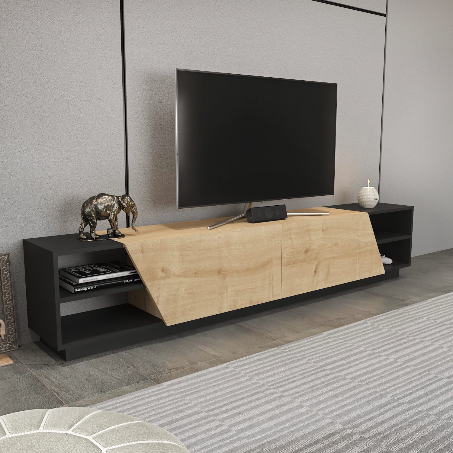 Suporte de TV escandinavo, 240 cm, antracite e carvalho | Painel de partículas 100% revestido com melamina, 18 mm de espessura | Elegante e funcional para salas de estar modernas