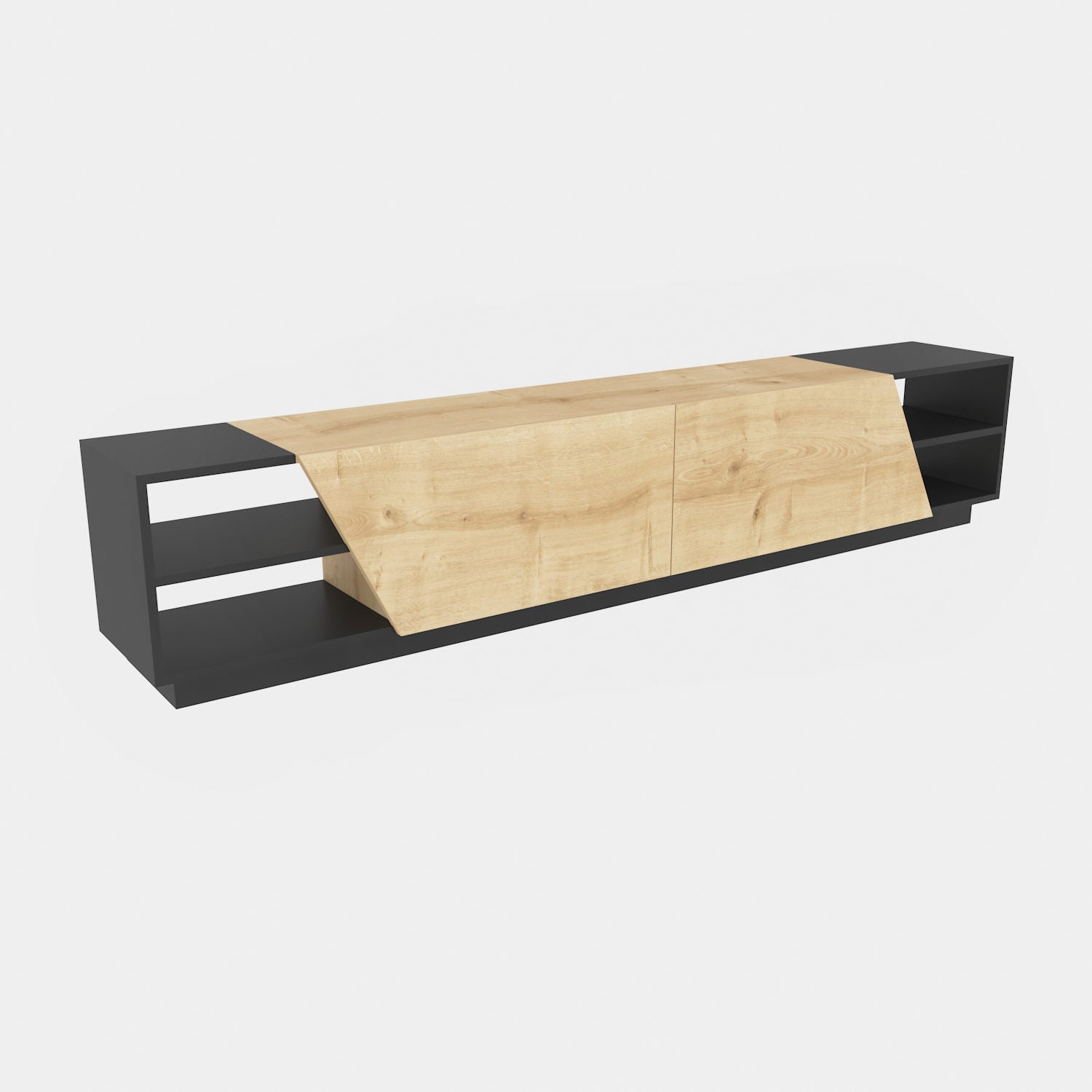 Suporte de TV escandinavo, 240 cm, antracite e carvalho | Painel de partículas 100% revestido com melamina, 18 mm de espessura | Elegante e funcional para salas de estar modernas