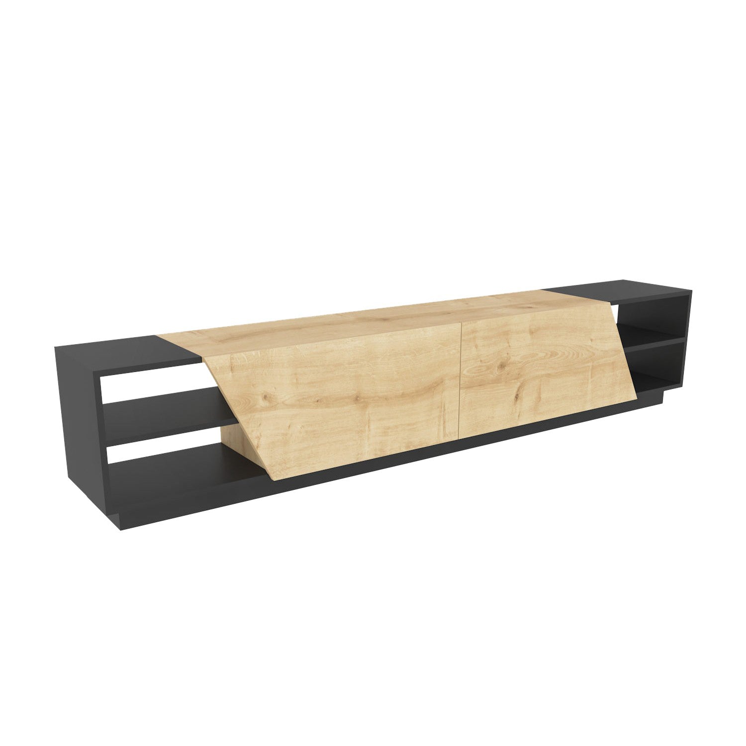 Suporte de TV escandinavo, 240 cm, antracite e carvalho | Painel de partículas 100% revestido com melamina, 18 mm de espessura | Elegante e funcional para salas de estar modernas