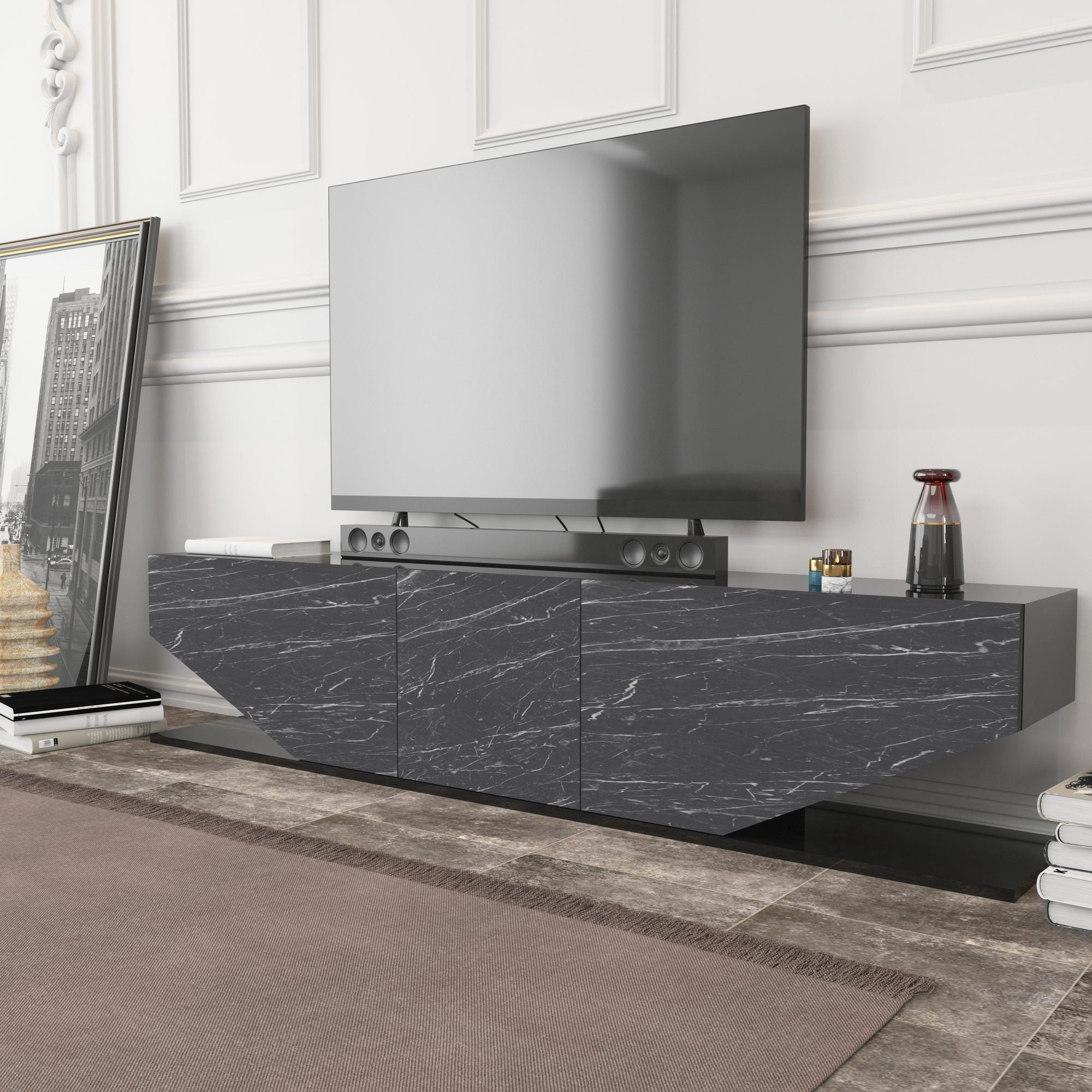 Suporte de TV moderno em antracite, 180 cm x 30 cm x 45 cm | Painel de partículas 100% revestido em melamina, 18 mm de espessura | Design elegante para salas de estar contemporâneas
