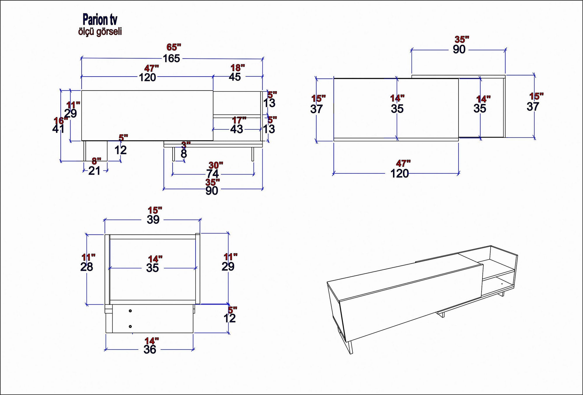 Suporte de TV moderno, branco, 165 x 35 x 41 cm | Painel de partículas 100% revestido em melamina, 18 mm de espessura | Design elegante em antracite para salas de estar elegantes