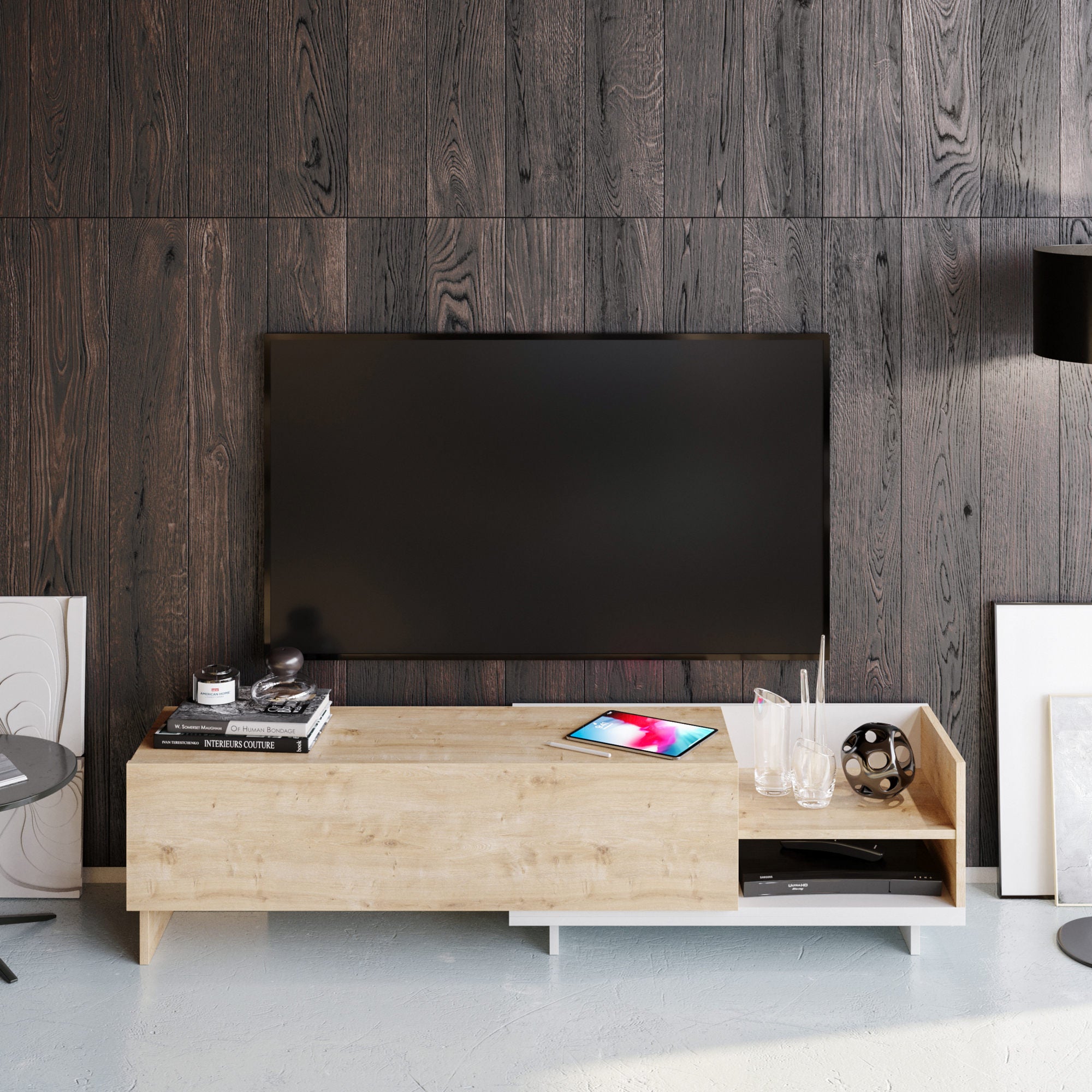 Suporte de TV escandinavo, 165 cm, branco e safira, 100% aglomerado revestido em melamina, 18 mm de espessura | Elegante e funcional para salas de estar modernas