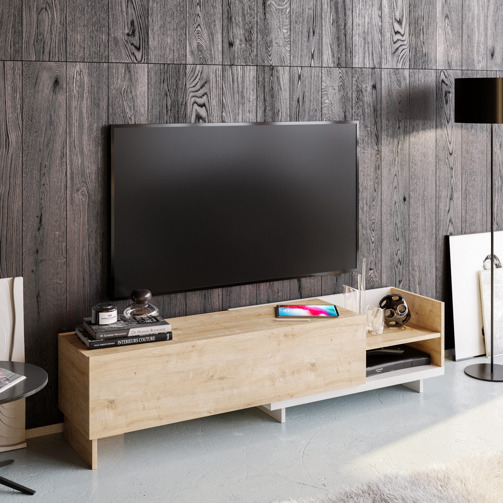 Suporte de TV escandinavo, 165 cm, branco e safira, 100% aglomerado revestido em melamina, 18 mm de espessura | Elegante e funcional para salas de estar modernas