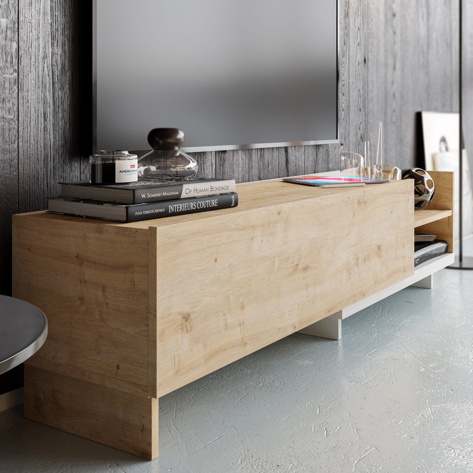 Suporte de TV escandinavo, 165 cm, branco e safira, 100% aglomerado revestido em melamina, 18 mm de espessura | Elegante e funcional para salas de estar modernas