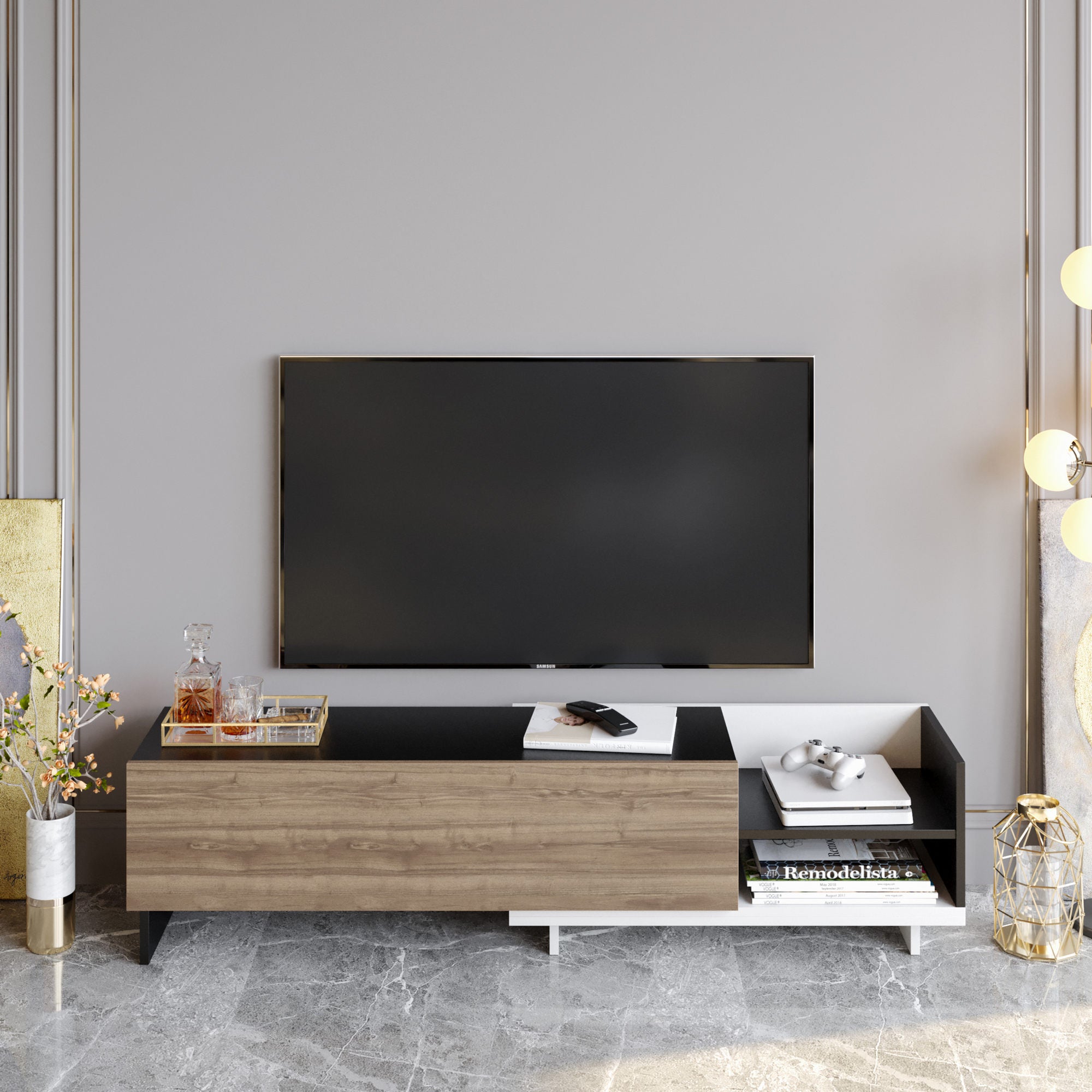 Suporte de TV escandinavo, 165 cm, branco e preto/nogueira, 100% aglomerado revestido com melamina, 18 mm de espessura | Elegante e funcional para salas de estar modernas