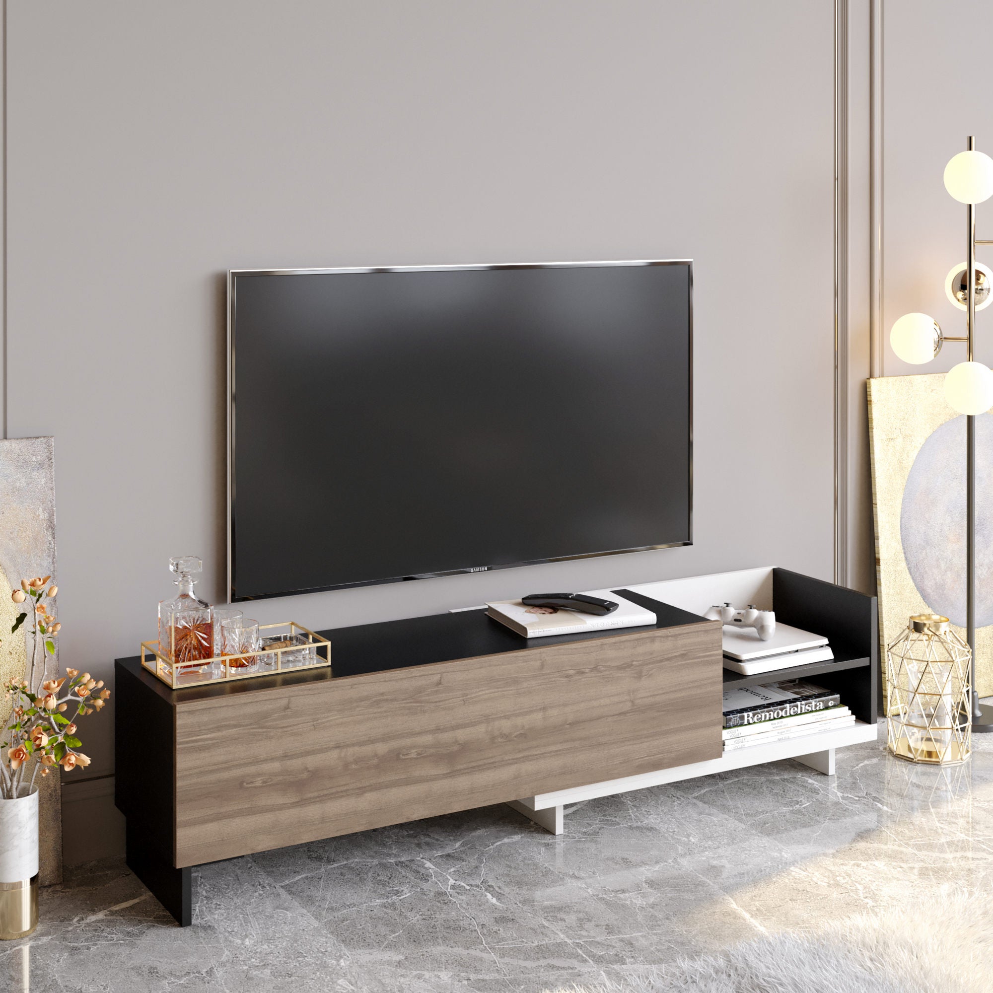 Suporte de TV escandinavo, 165 cm, branco e preto/nogueira, 100% aglomerado revestido com melamina, 18 mm de espessura | Elegante e funcional para salas de estar modernas