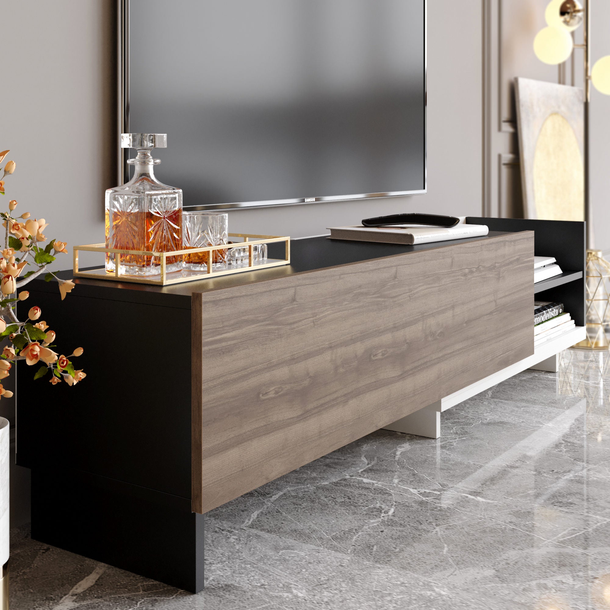 Suporte de TV escandinavo, 165 cm, branco e preto/nogueira, 100% aglomerado revestido com melamina, 18 mm de espessura | Elegante e funcional para salas de estar modernas