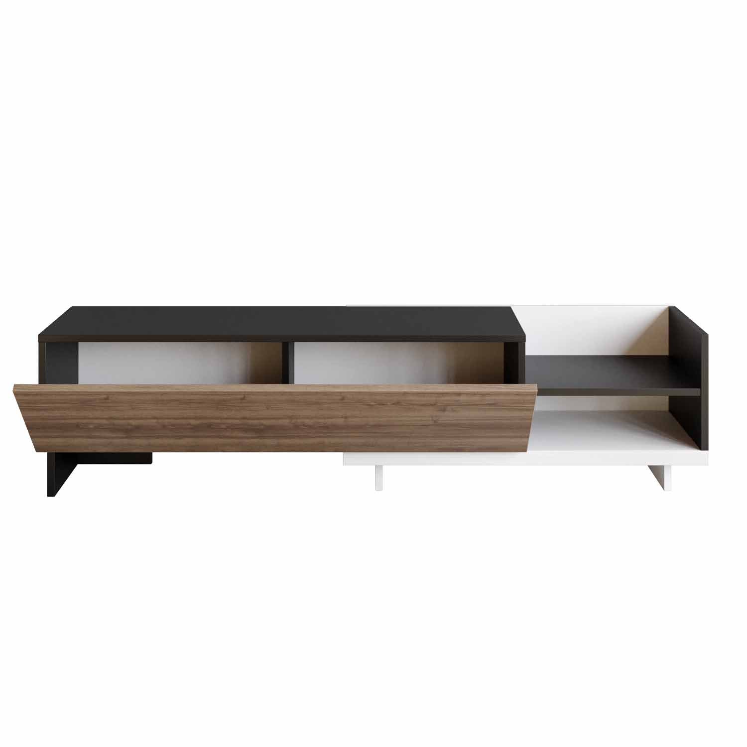 Suporte de TV escandinavo, 165 cm, branco e preto/nogueira, 100% aglomerado revestido com melamina, 18 mm de espessura | Elegante e funcional para salas de estar modernas