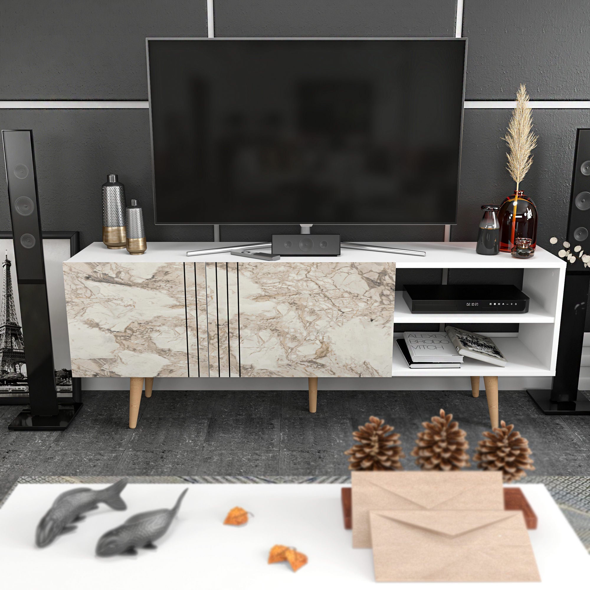 Suporte de TV moderno, 160 cm, antracite e branco, 100% aglomerado revestido com melamina, 18 mm de espessura | Design elegante para salas de estar e espaços de entretenimento