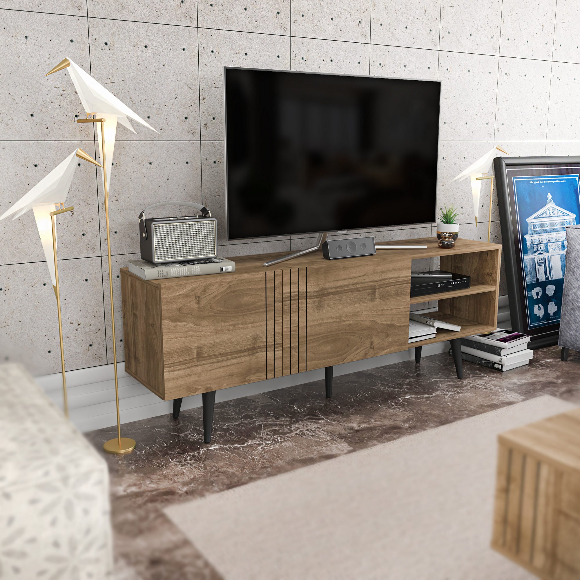 Suporte de TV elegante em nogueira, 160 cm x 35 cm x 38,6 cm | Painel de partículas 100% revestido em melamina, 18 mm de espessura | Perfeito para salas de estar e espaços de entretenimento modernos