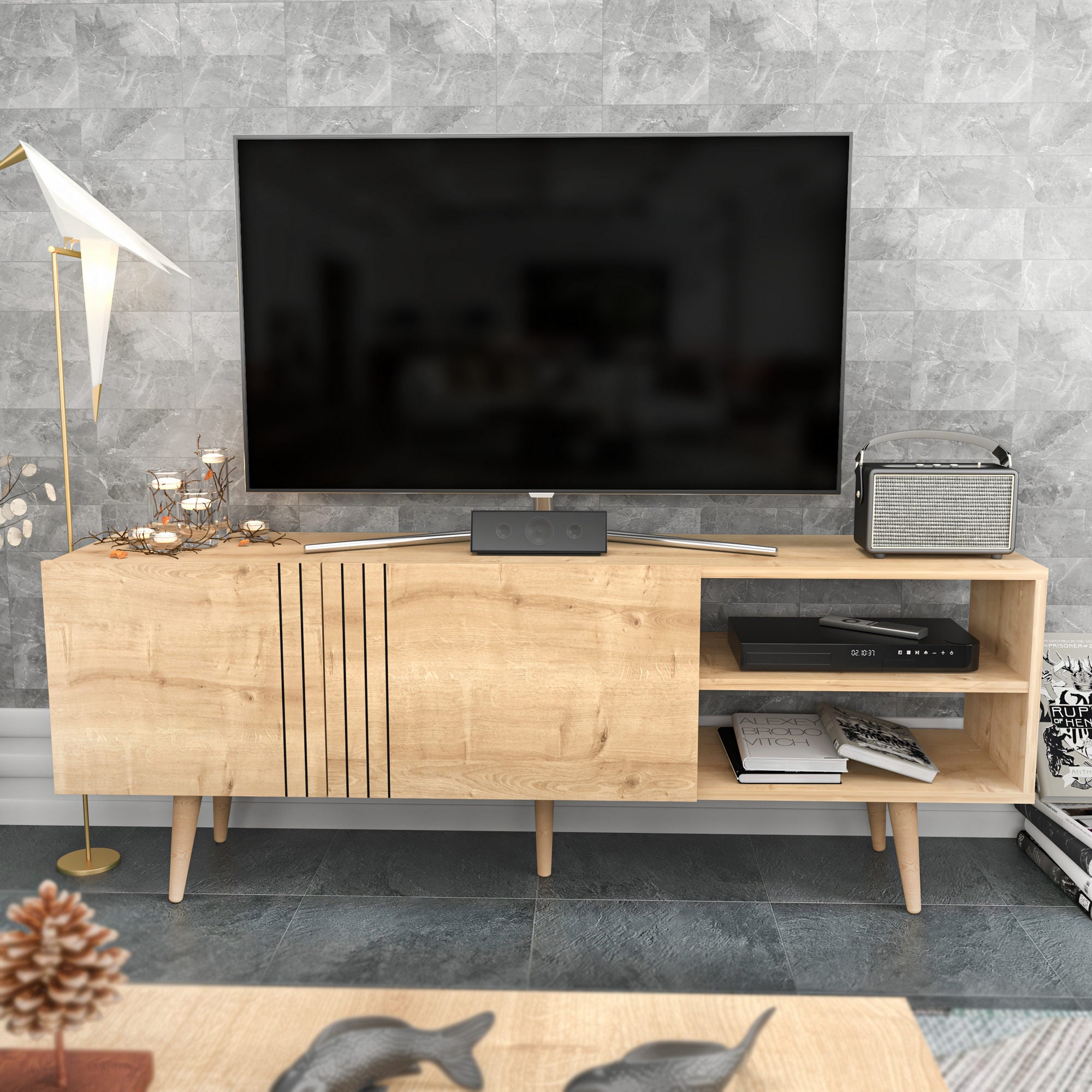 Suporte de TV Safira, 160 cm x 35 cm x 38,6 cm | Painel de partículas 100% revestido em melamina, 18 mm de espessura | Elegante e funcional para salas de estar modernas