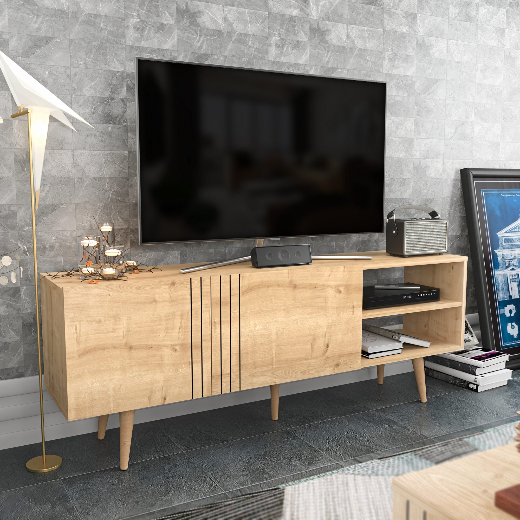 Suporte de TV Safira, 160 cm x 35 cm x 38,6 cm | Painel de partículas 100% revestido em melamina, 18 mm de espessura | Elegante e funcional para salas de estar modernas