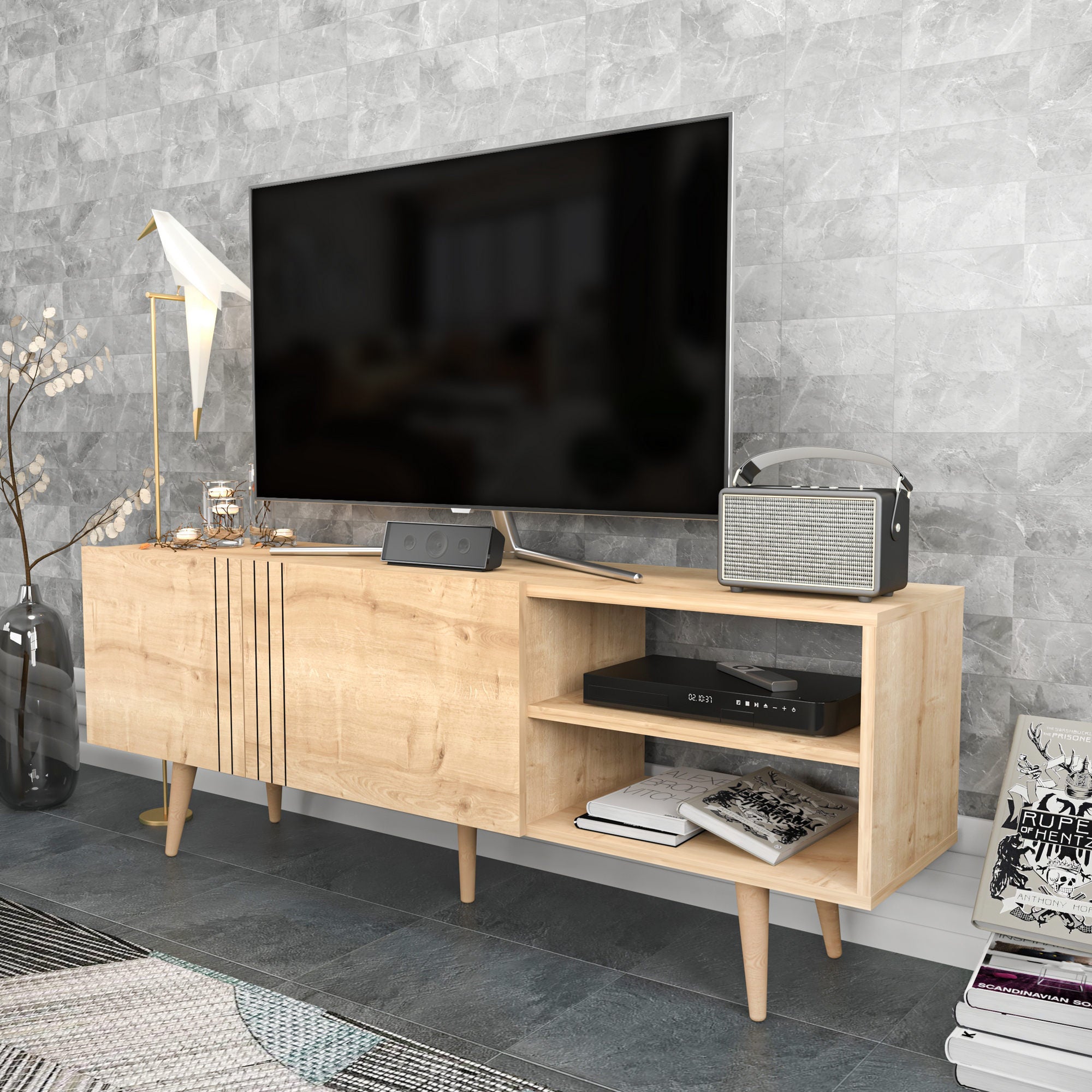 Suporte de TV Safira, 160 cm x 35 cm x 38,6 cm | Painel de partículas 100% revestido em melamina, 18 mm de espessura | Elegante e funcional para salas de estar modernas