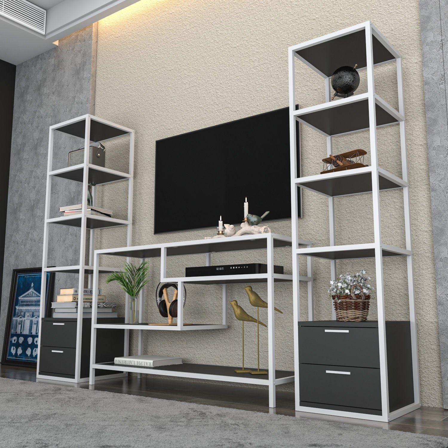 Móvel de TV elegante, branco e antracite, 198 x 39 x 160 cm | Painel de partículas 100% revestido em melamina, 18 mm de espessura | Design moderno para salas de estar e espaços de entretenimento