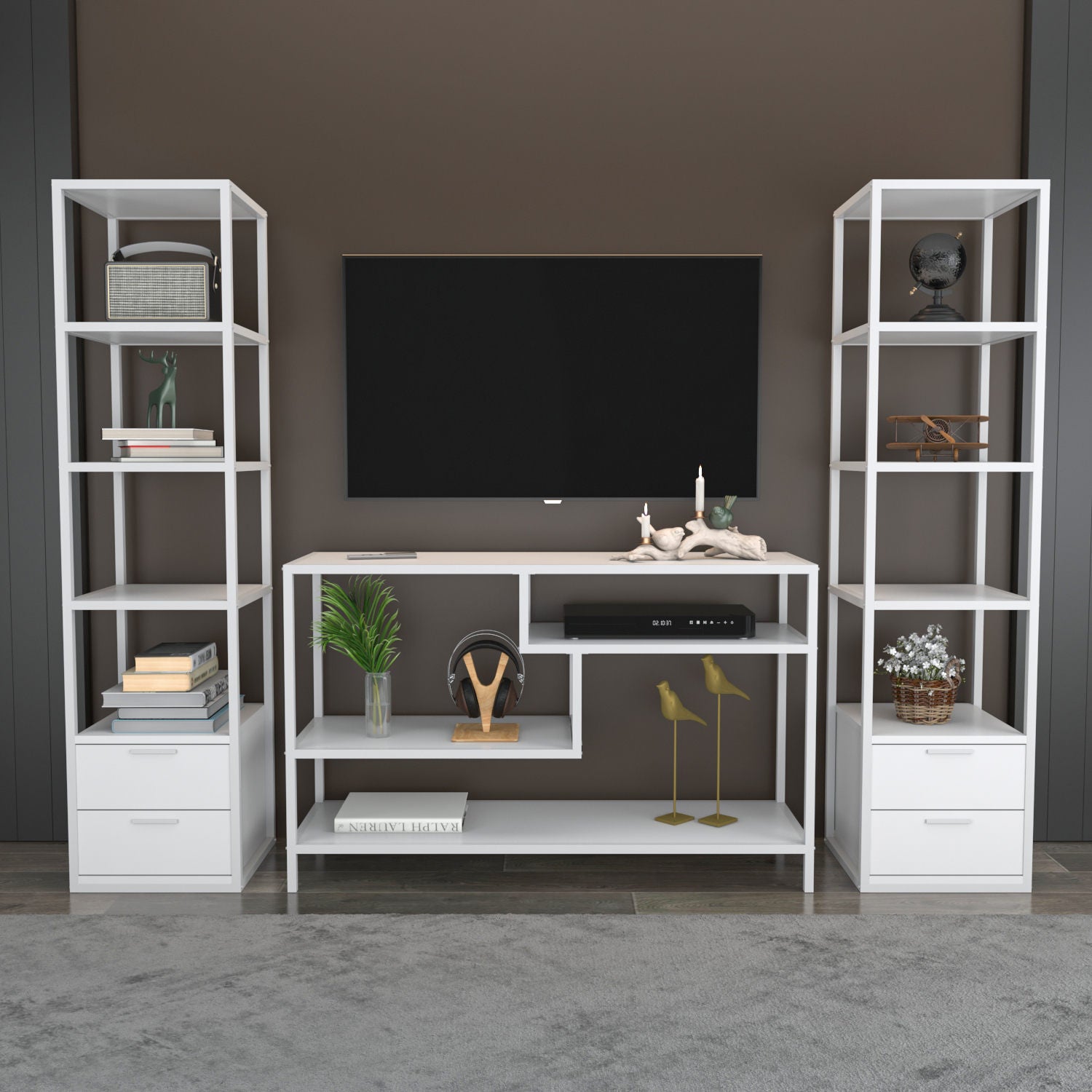 Móvel de TV Escandinavo, Branco, 198 x 39 x 160 cm | Painel de partículas 100% revestido em melamina, 18 mm de espessura | Elegante e funcional para salas de estar modernas