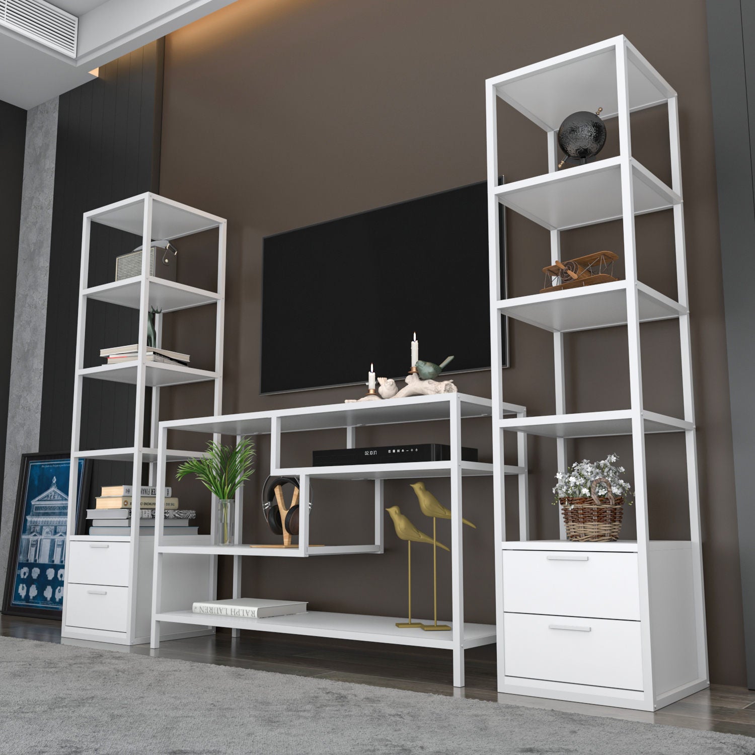 Móvel de TV Escandinavo, Branco, 198 x 39 x 160 cm | Painel de partículas 100% revestido em melamina, 18 mm de espessura | Elegante e funcional para salas de estar modernas