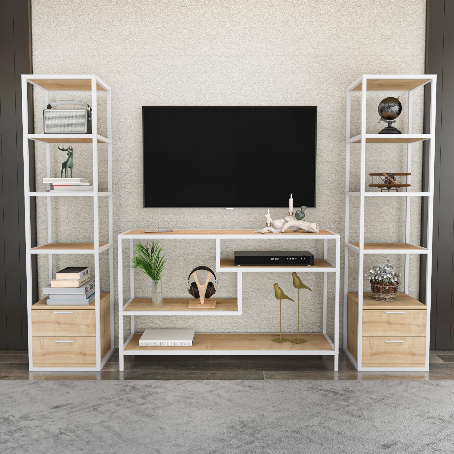 Móvel de TV escandinavo, branco e carvalho, 198 x 39 x 160 cm | Painel de partículas 100% revestido em melamina, 18 mm de espessura | Elegante e funcional para salas de estar modernas
