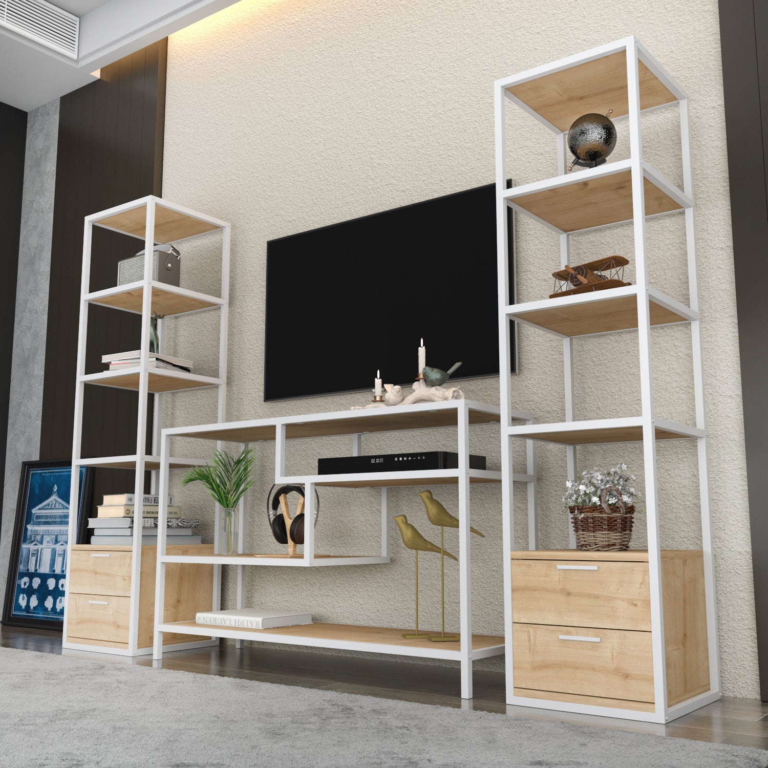 Móvel de TV escandinavo, branco e carvalho, 198 x 39 x 160 cm | Painel de partículas 100% revestido em melamina, 18 mm de espessura | Elegante e funcional para salas de estar modernas